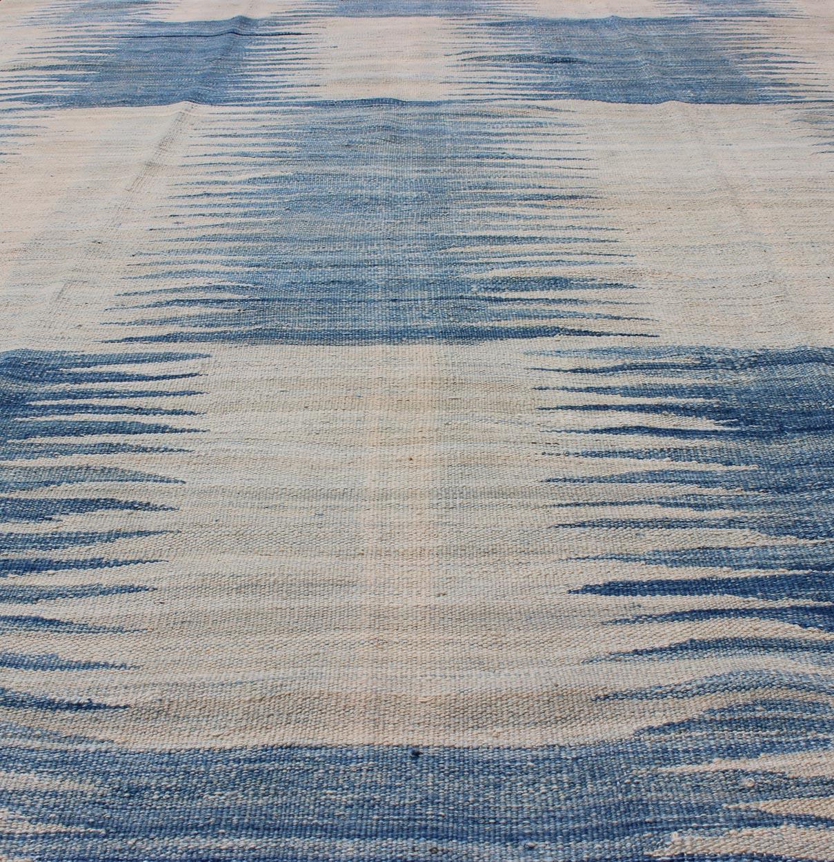 Hand-Woven Modern Kilim Tribal Rug With Abstract Geometric Design in Soft Blues 6'4 X 9'5 For Sale