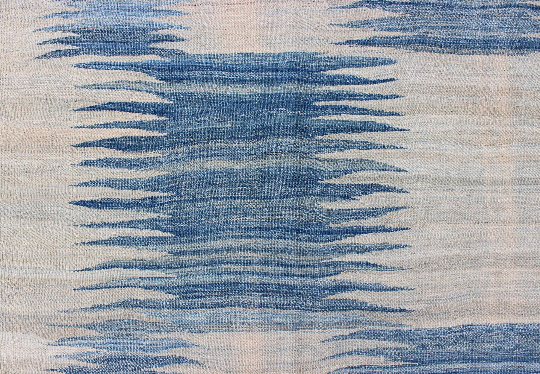 Contemporary Modern Kilim Tribal Rug With Abstract Geometric Design in Soft Blues 6'4 X 9'5 For Sale