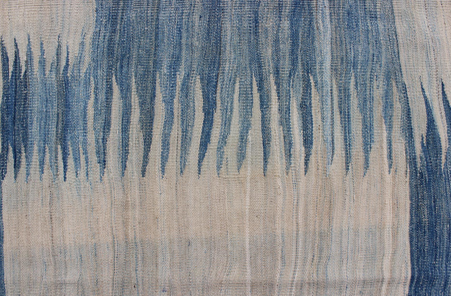 Wool Modern Kilim Tribal Rug With Abstract Geometric Design in Soft Blues 6'4 X 9'5 For Sale