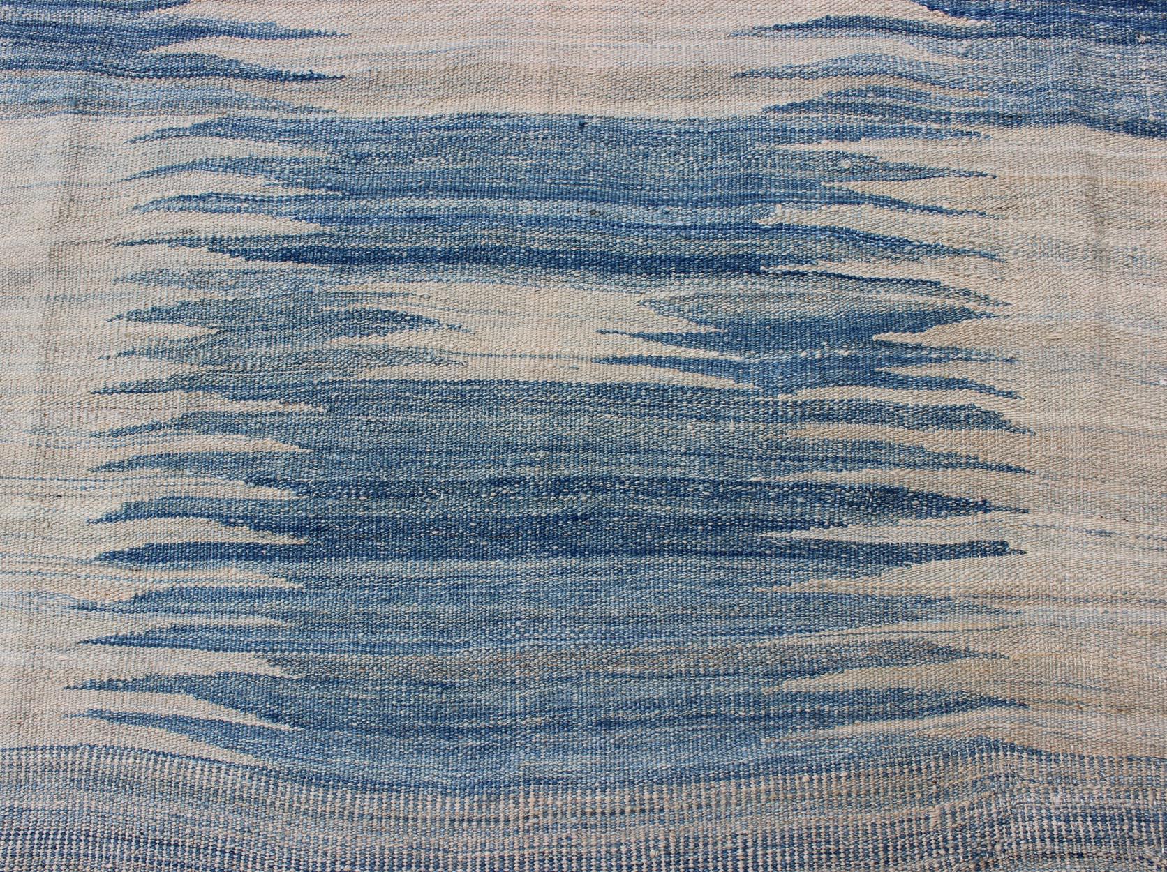 Modern Kilim Tribal Rug With Abstract Geometric Design in Soft Blues 6'4 X 9'5 For Sale 1
