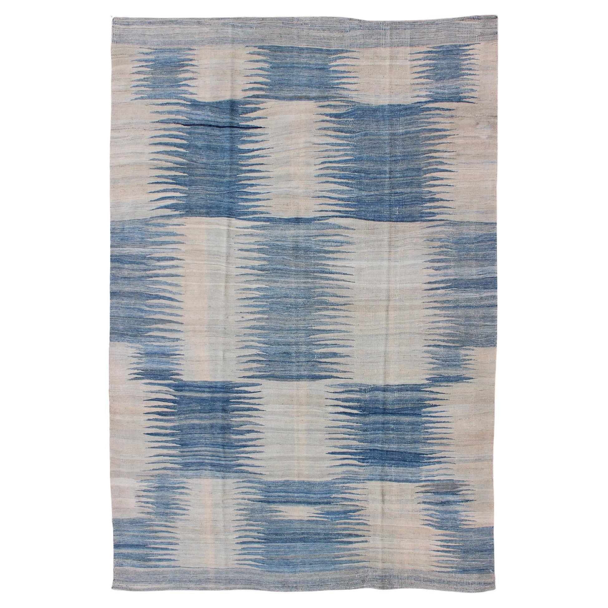 Modern Kilim Tribal Rug With Abstract Geometric Design in Soft Blues 6'4 X 9'5 For Sale