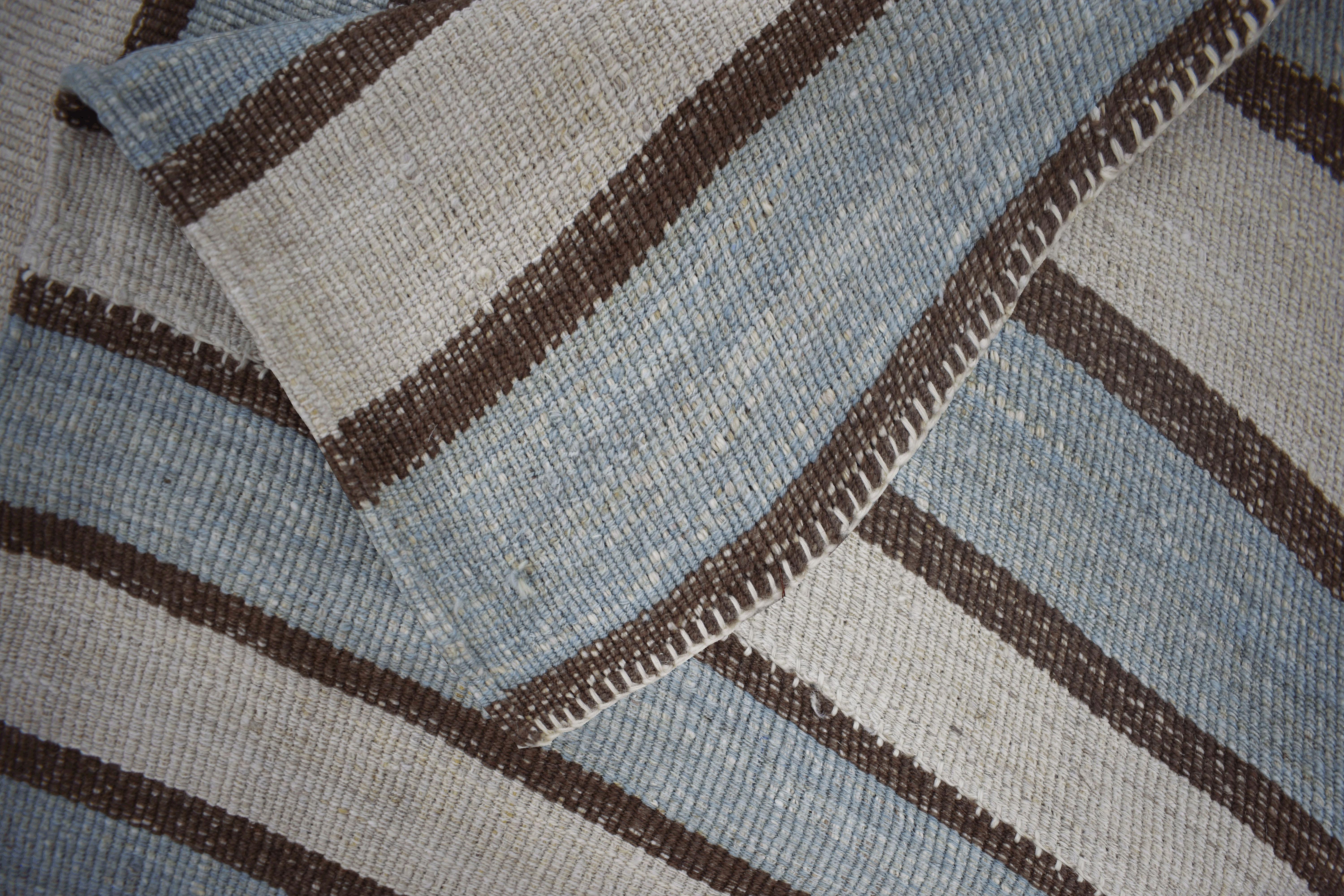 Hand-Woven Modern Kilim Turkish Rug in Brown and Blue Stripes on Ivory Field For Sale