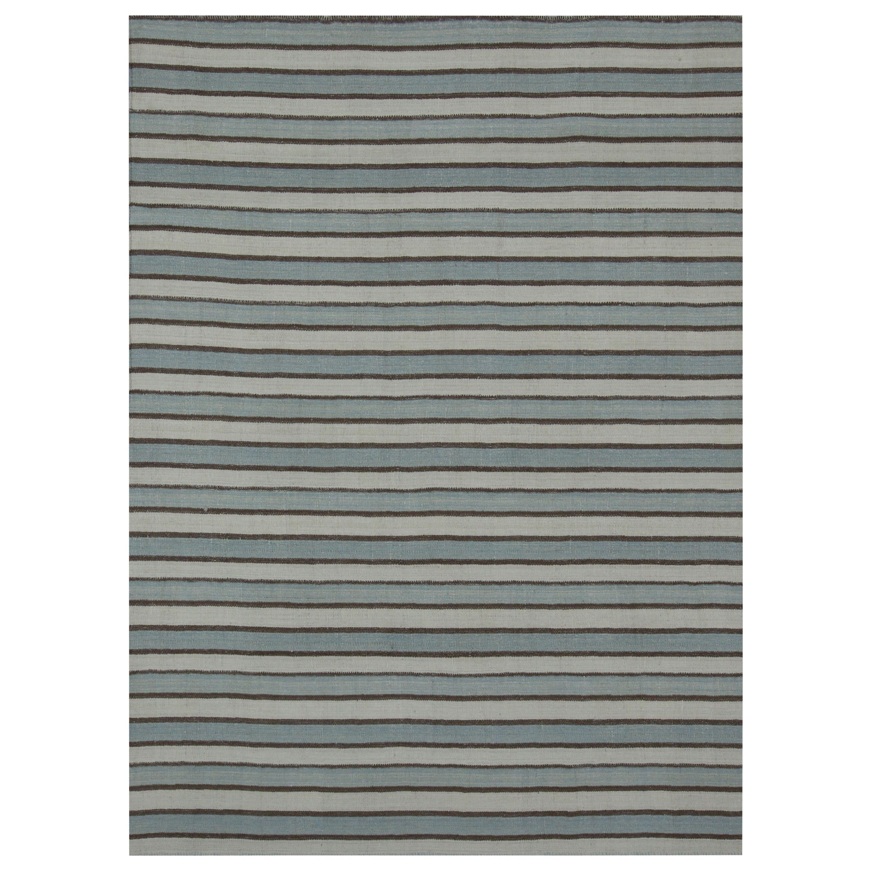 Modern Kilim Turkish Rug in Brown and Blue Stripes on Ivory Field For Sale