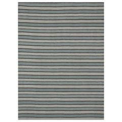 Modern Kilim Turkish Rug in Brown and Blue Stripes on Ivory Field