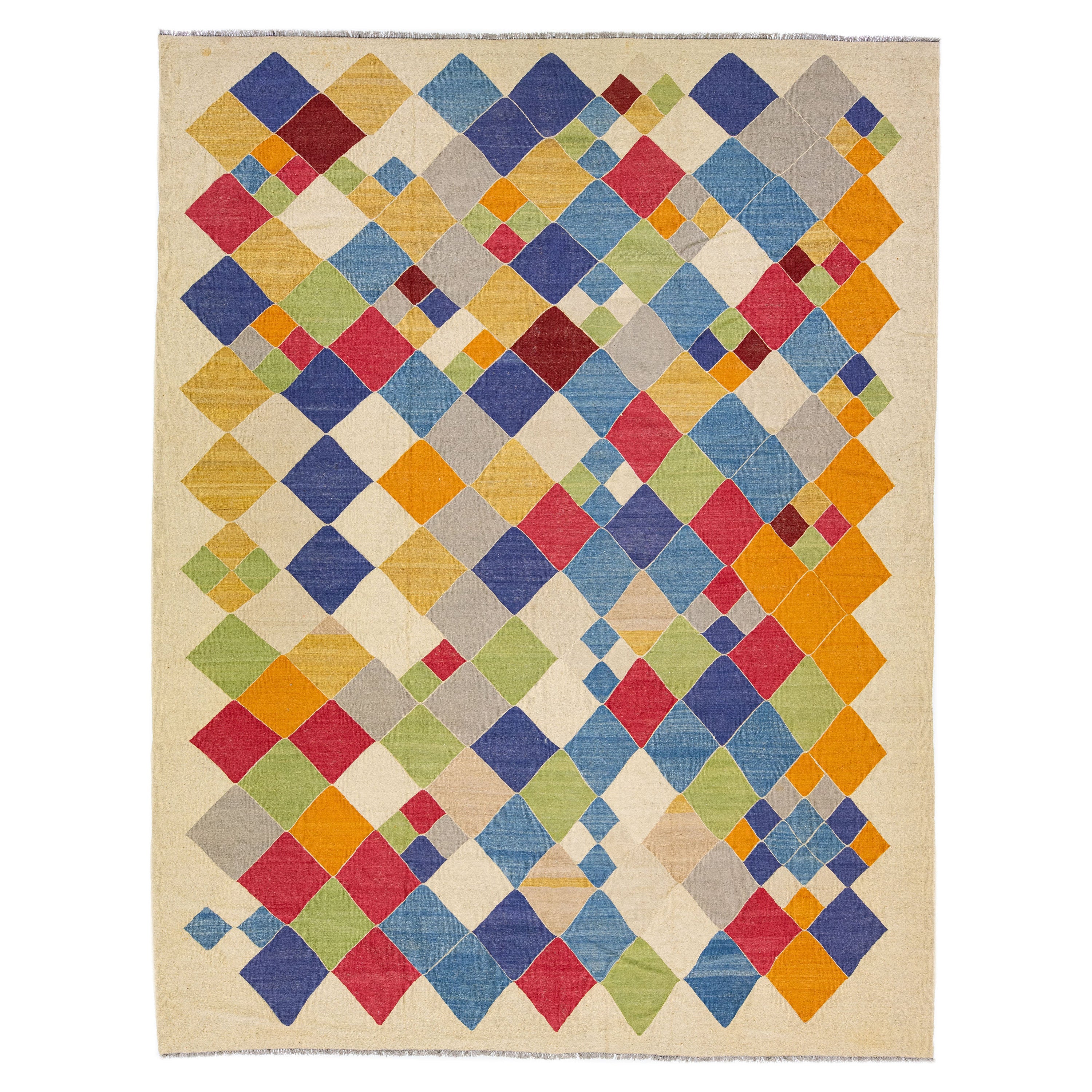 Tappeto moderno in lana Kilim a trama piatta con design multicolore