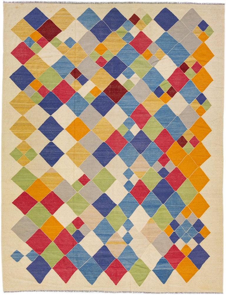 Modern Kilim Wool Rug Flatweave With Multicolor Design For Sale at 1stDibs