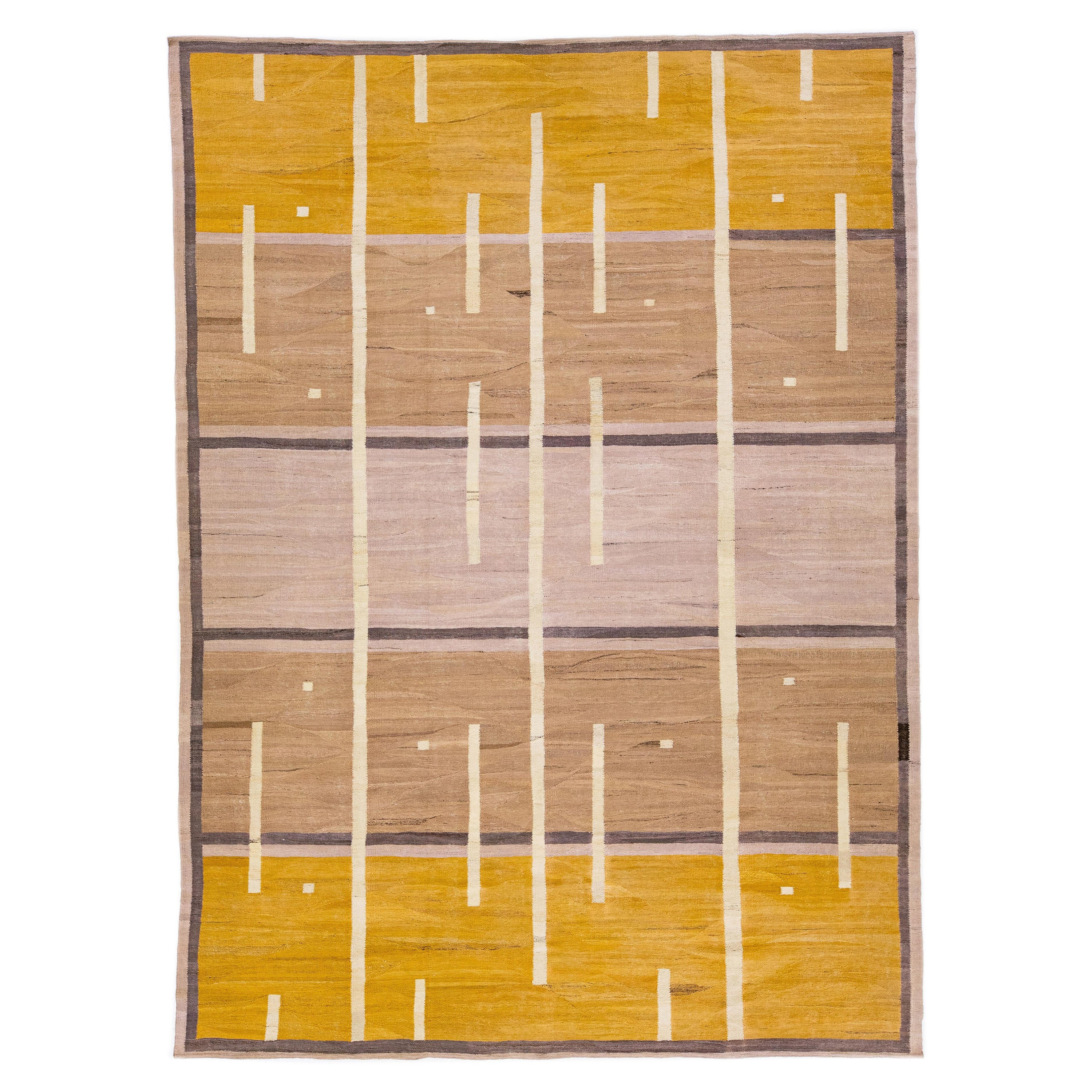 Tappeto moderno in lana Kilim con motivo giallo e marrone in stile Deco