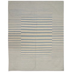 Modern Kilims Striped Rug Blue Cream Wool Flat Rug Handwoven Area Rug Modern Kilims Striped Rug Blue Cream Wool Flat Rug Handwoven Area Rug