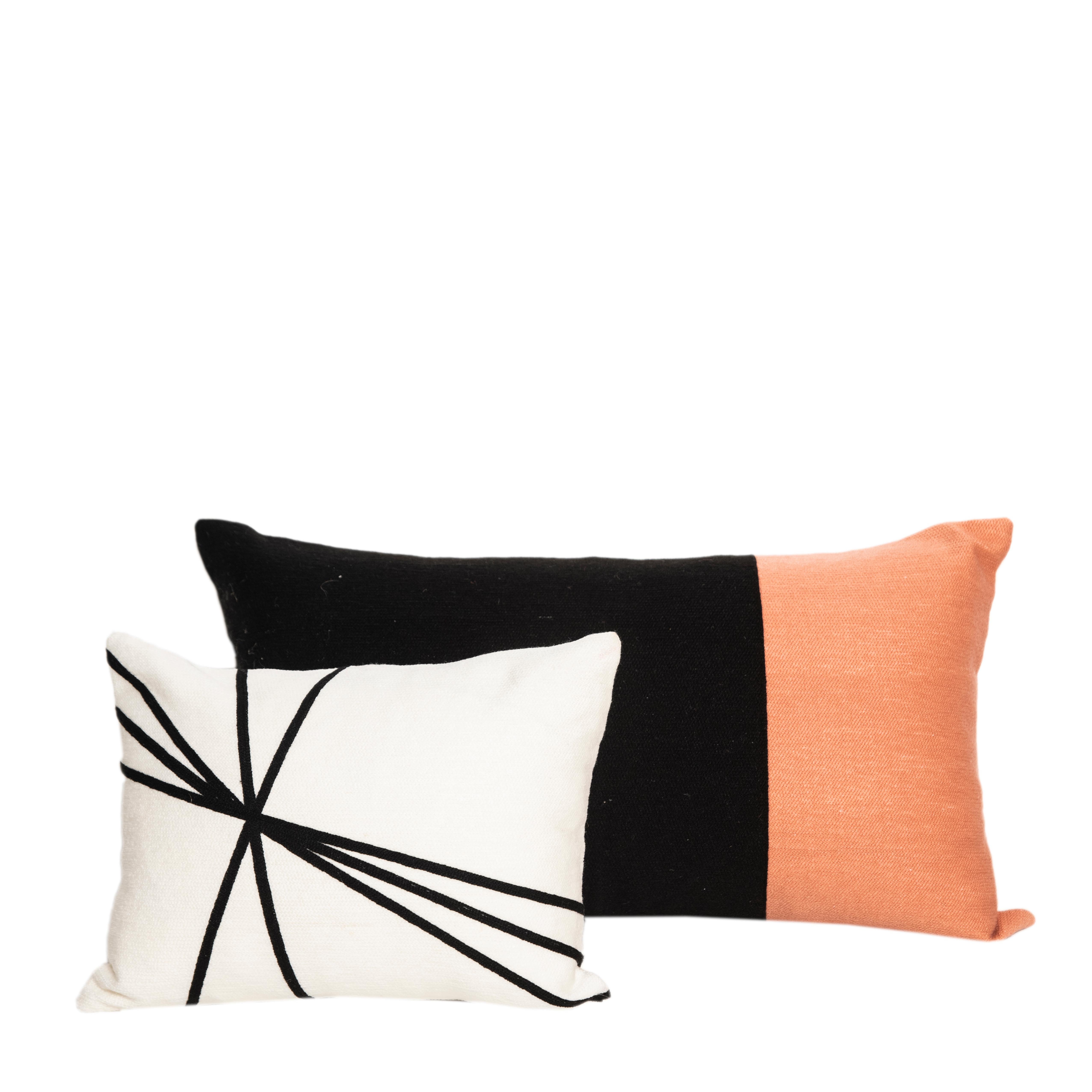 Indian Contemporary Modern Embroidery Pillow Cushion Cotton Geometric Black and Salmon
