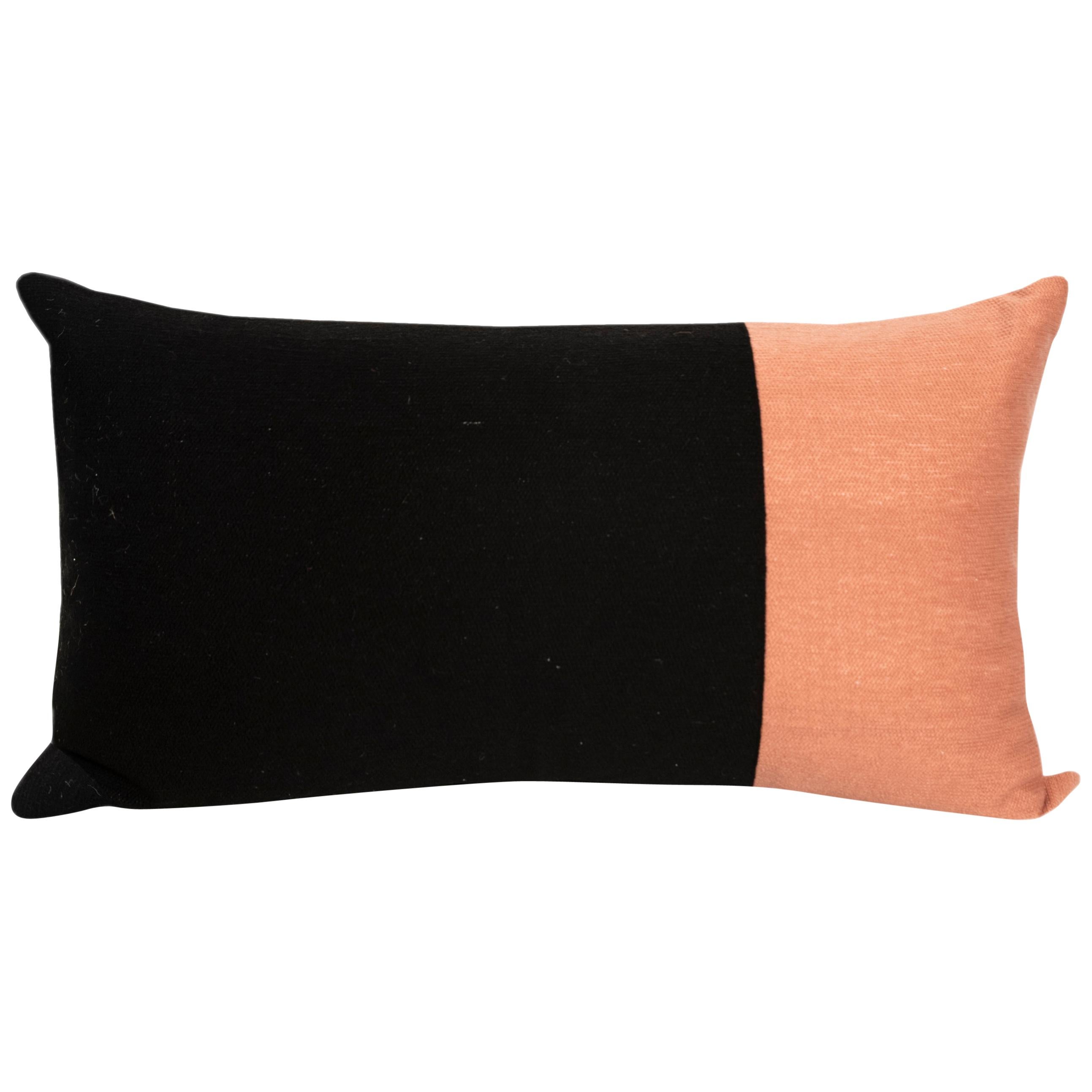 Contemporary Modern Embroidery Pillow Cushion Cotton Geometric Black and Salmon
