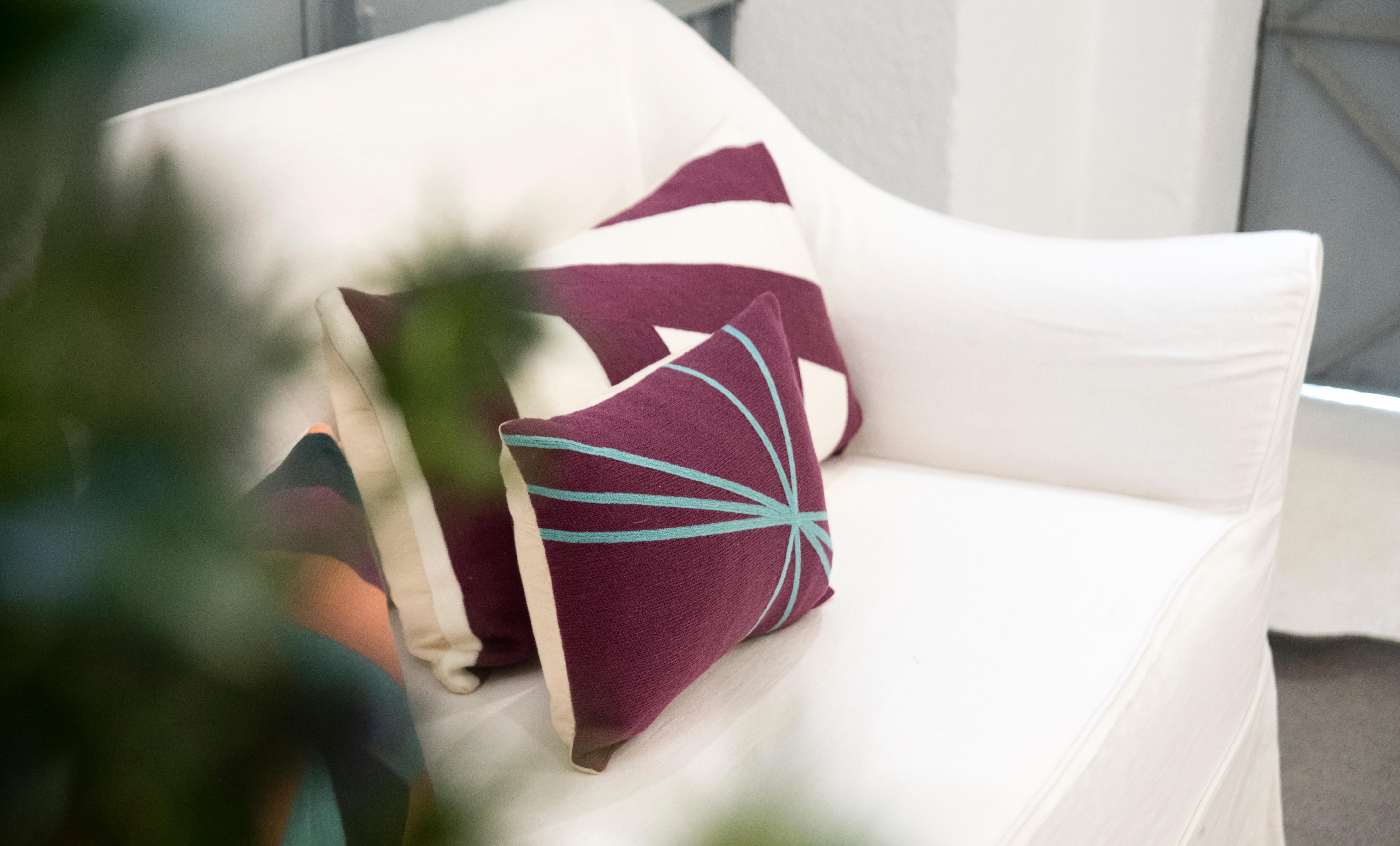 Contemporary Modern Embroidery Pillow Cushion Cotton Geometric Purple White 1