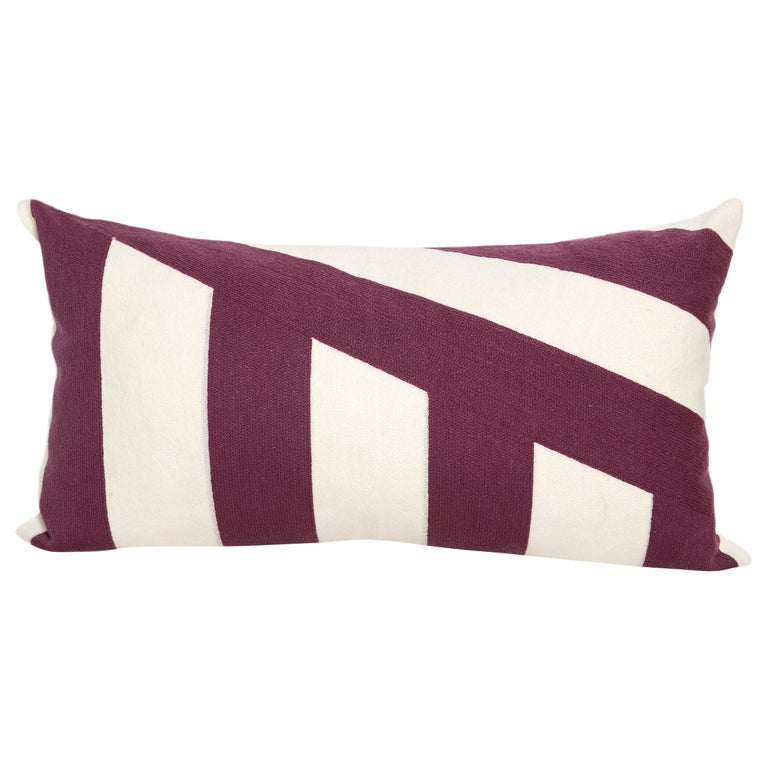 Contemporary Modern Embroidery Pillow Cushion Cotton Geometric Purple White  For Sale at 1stDibs