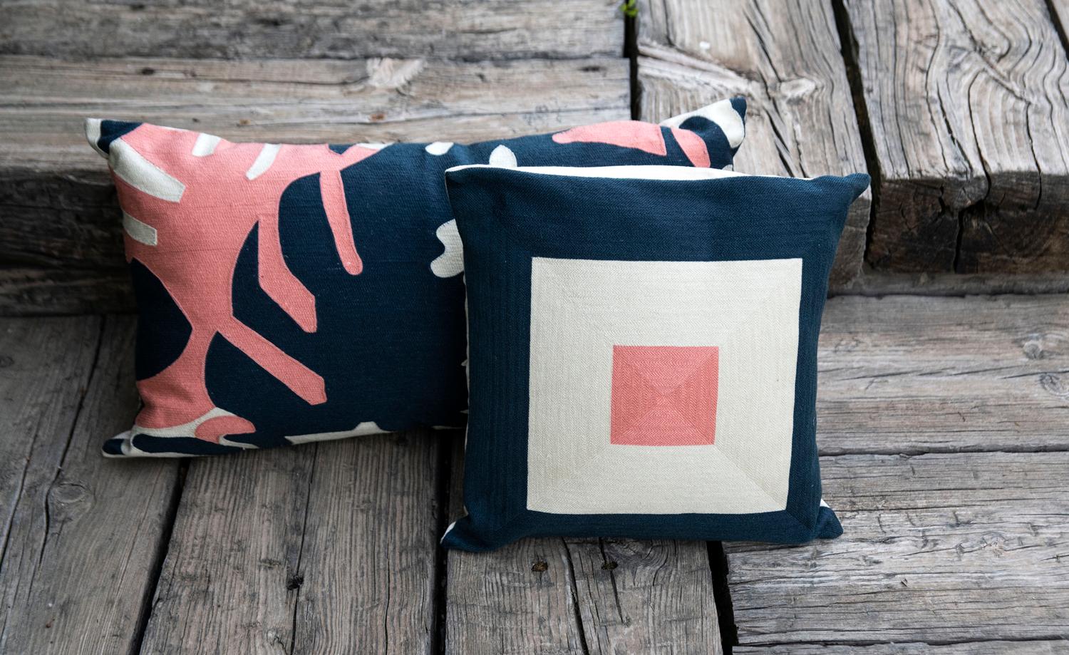 Modern Kilombo Home Embroidery Pillow Cushion Cotton Leaves Blue&Salmon For Sale 7