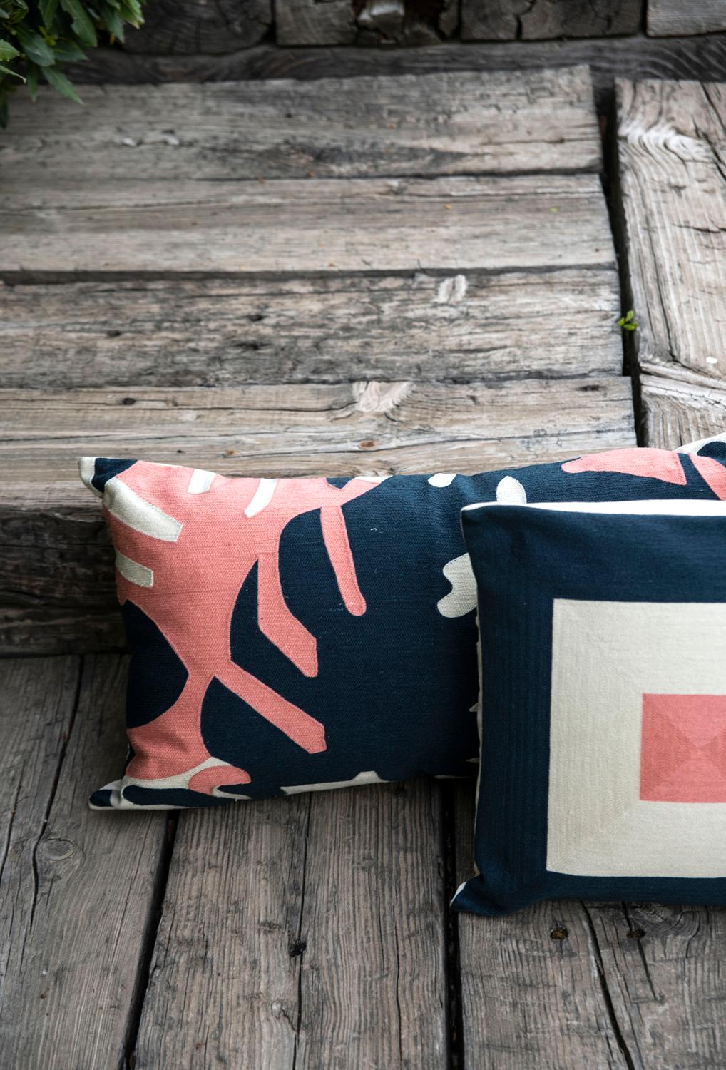 Modern Kilombo Home Embroidery Pillow Cushion Cotton Leaves Blue&Salmon For Sale 8
