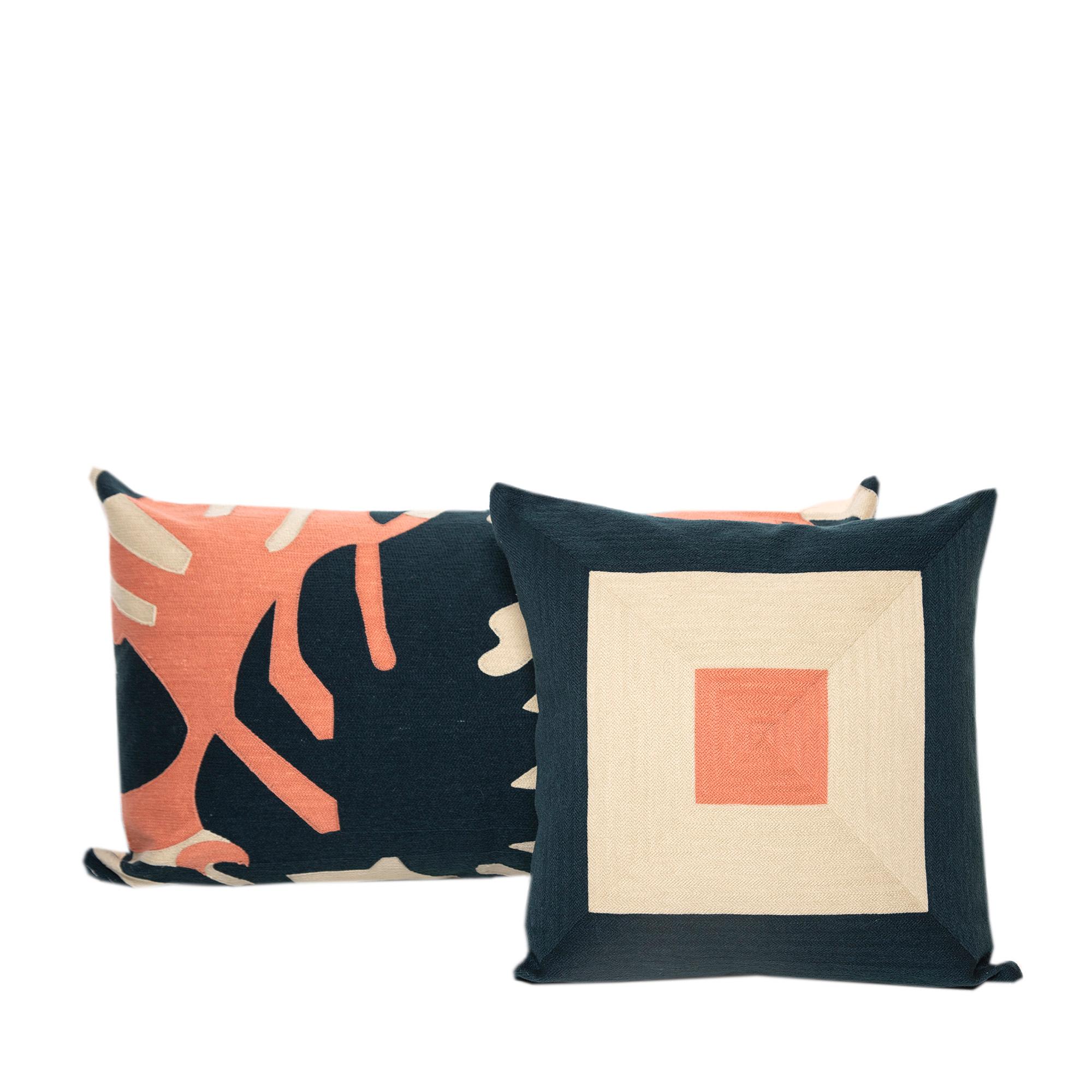 Indian Modern Kilombo Home Embroidery Pillow Cushion Cotton Leaves Blue&Salmon For Sale