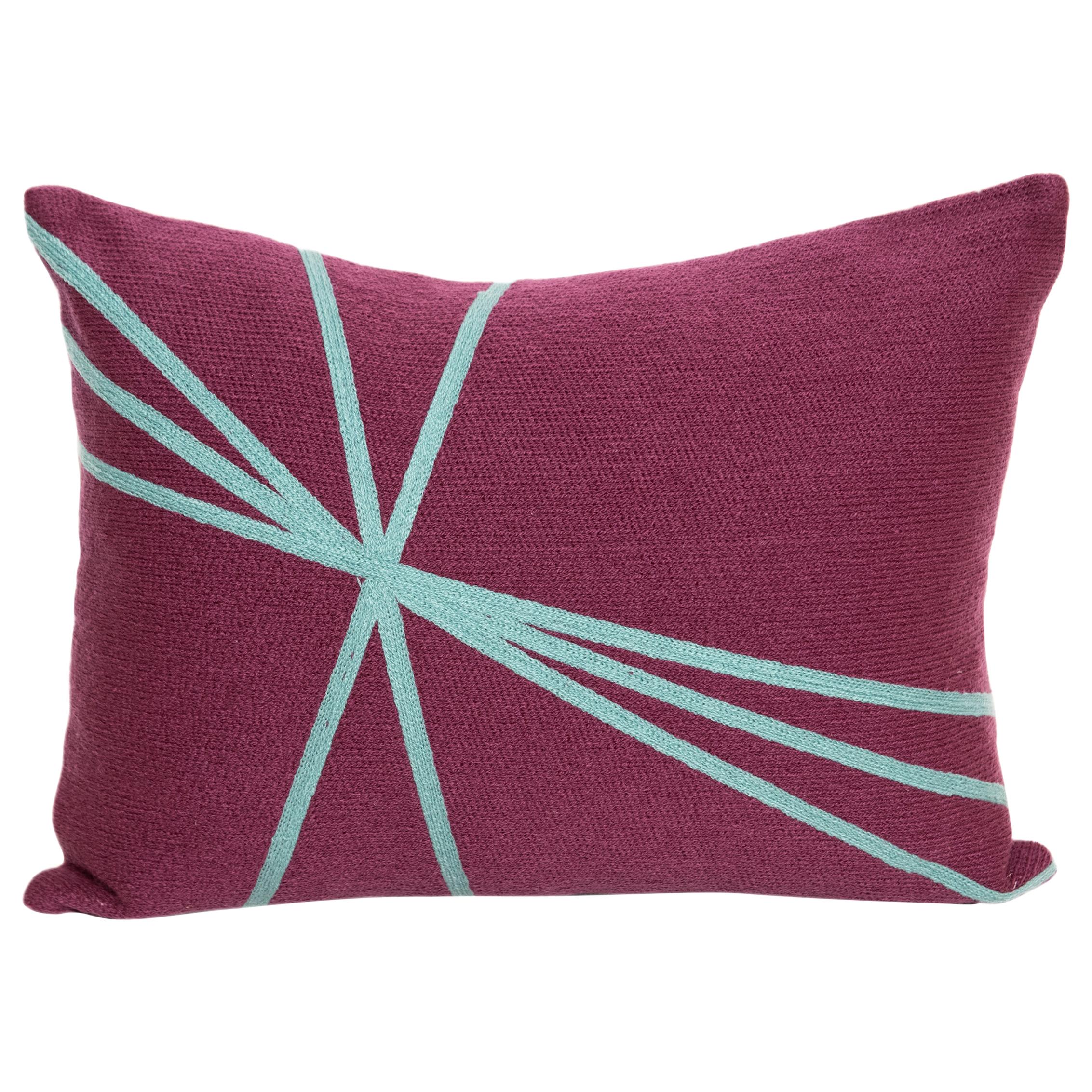 Contemporary Modern Embroidery Pillow Cushion Cotton Lines Pulple Turquoise
