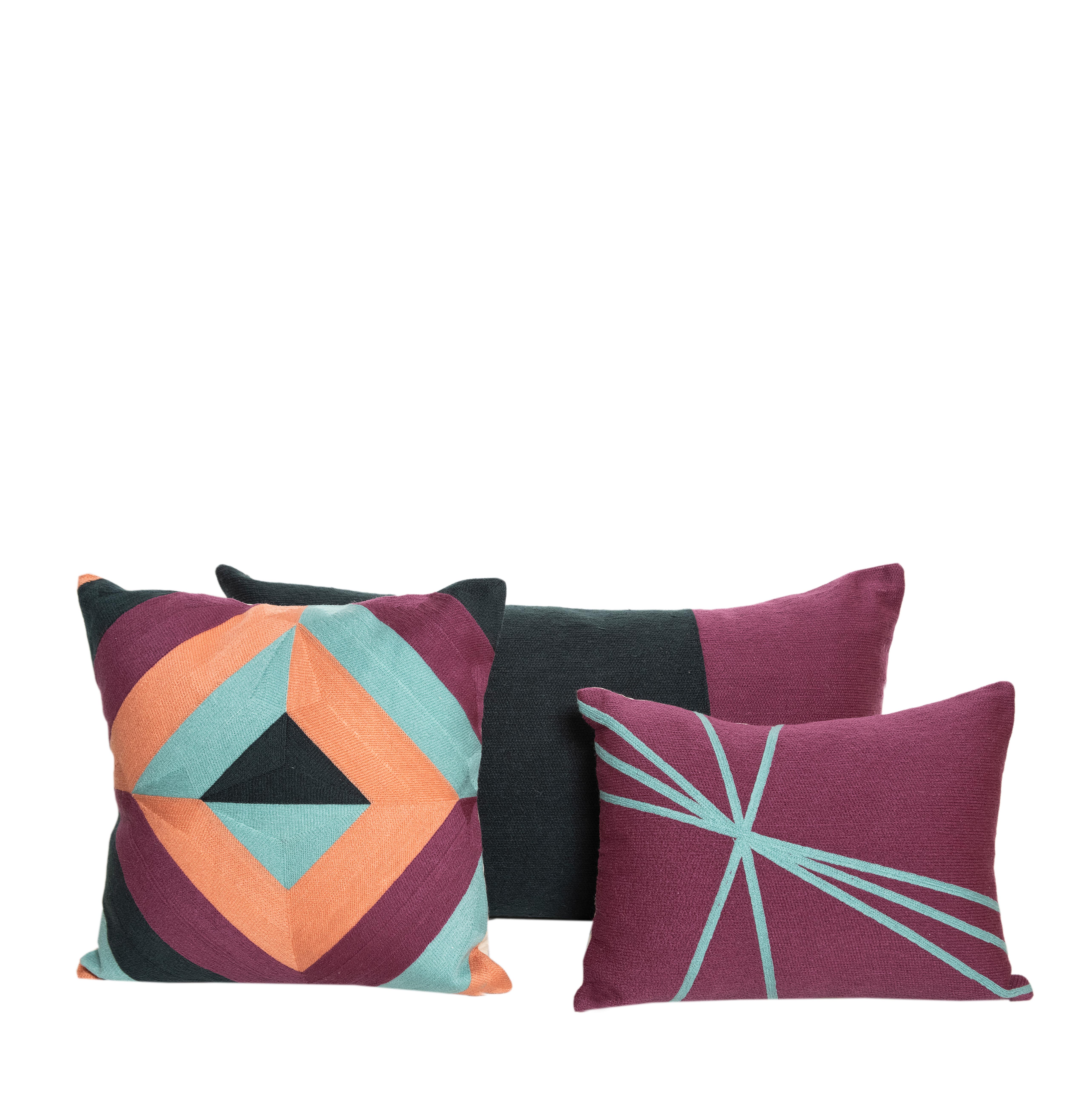 Modern Embroidery Pillow Cushion Cotton Geometric Purple Salmon Turquoise In New Condition For Sale In Madrid, ES