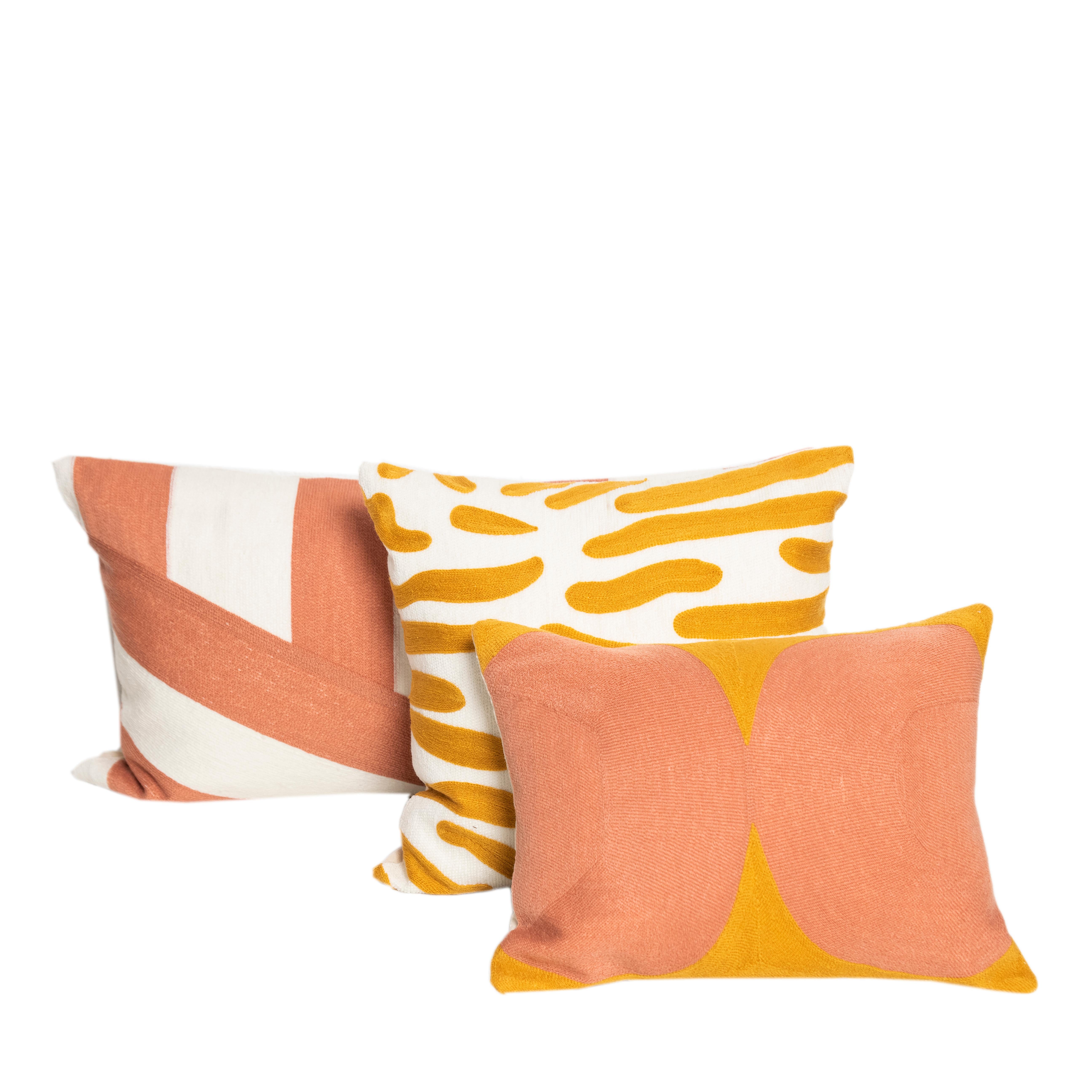 Embroidered Modern Kilombo Home Embroidery Pillow Cotton Mustard and Salmon