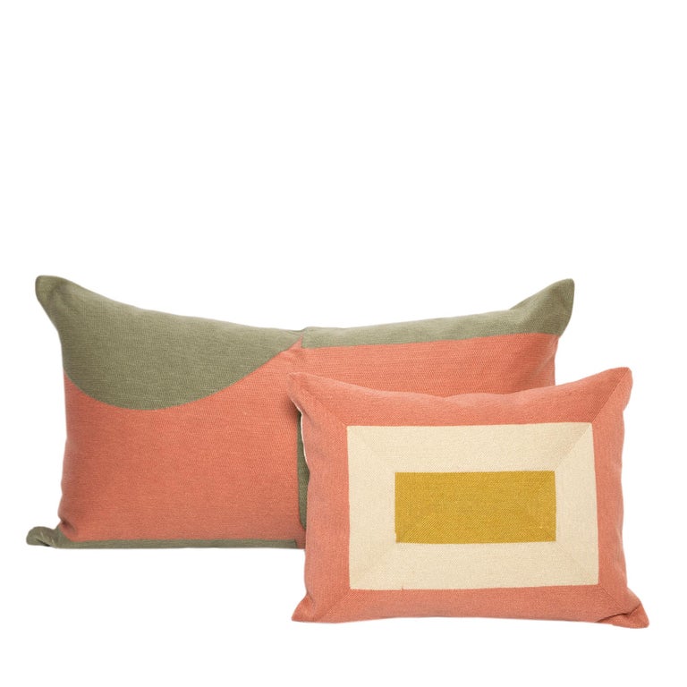Indian Modern Kilombo Home Embroidery Pillow Cushion Cotton Pac-Man Salmon&Green For Sale