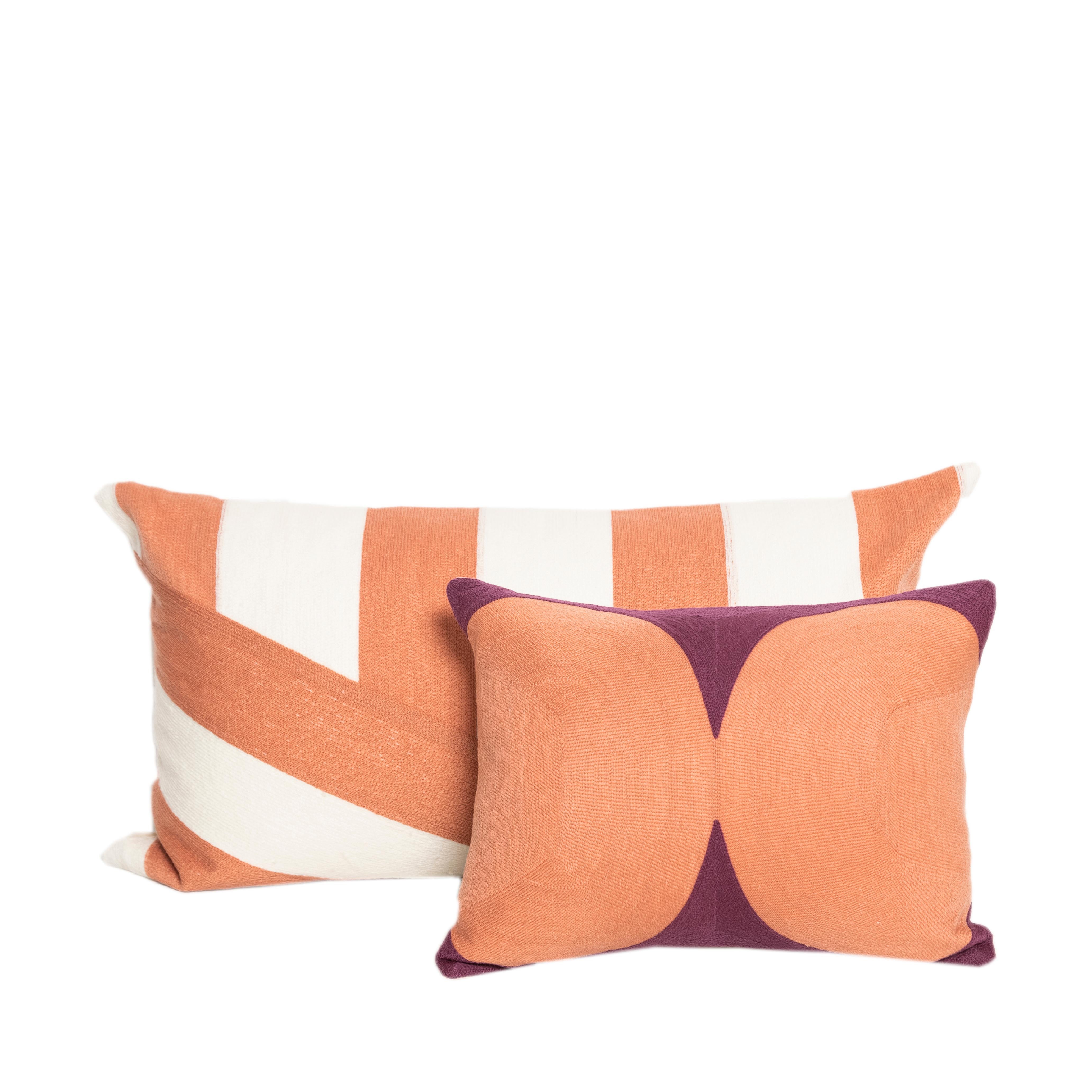 Indian Contemporary Modern Kilombo Home Embroidery Pillow Cushion Cotton Pulple Salmon For Sale