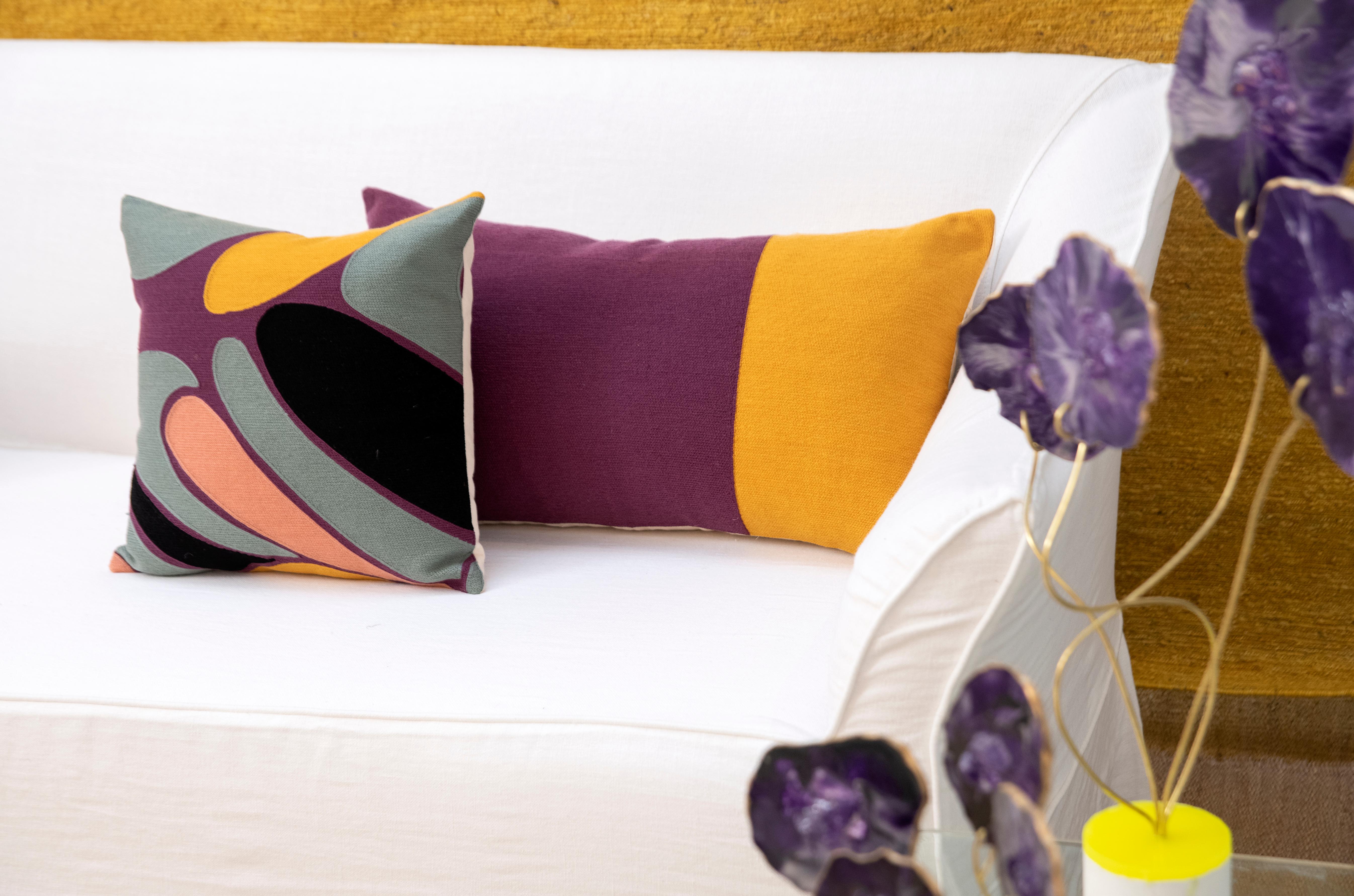 Contemporary Modern Kilombo Home Embroidery Pillow Cushion Cotton Purple Mustard For Sale
