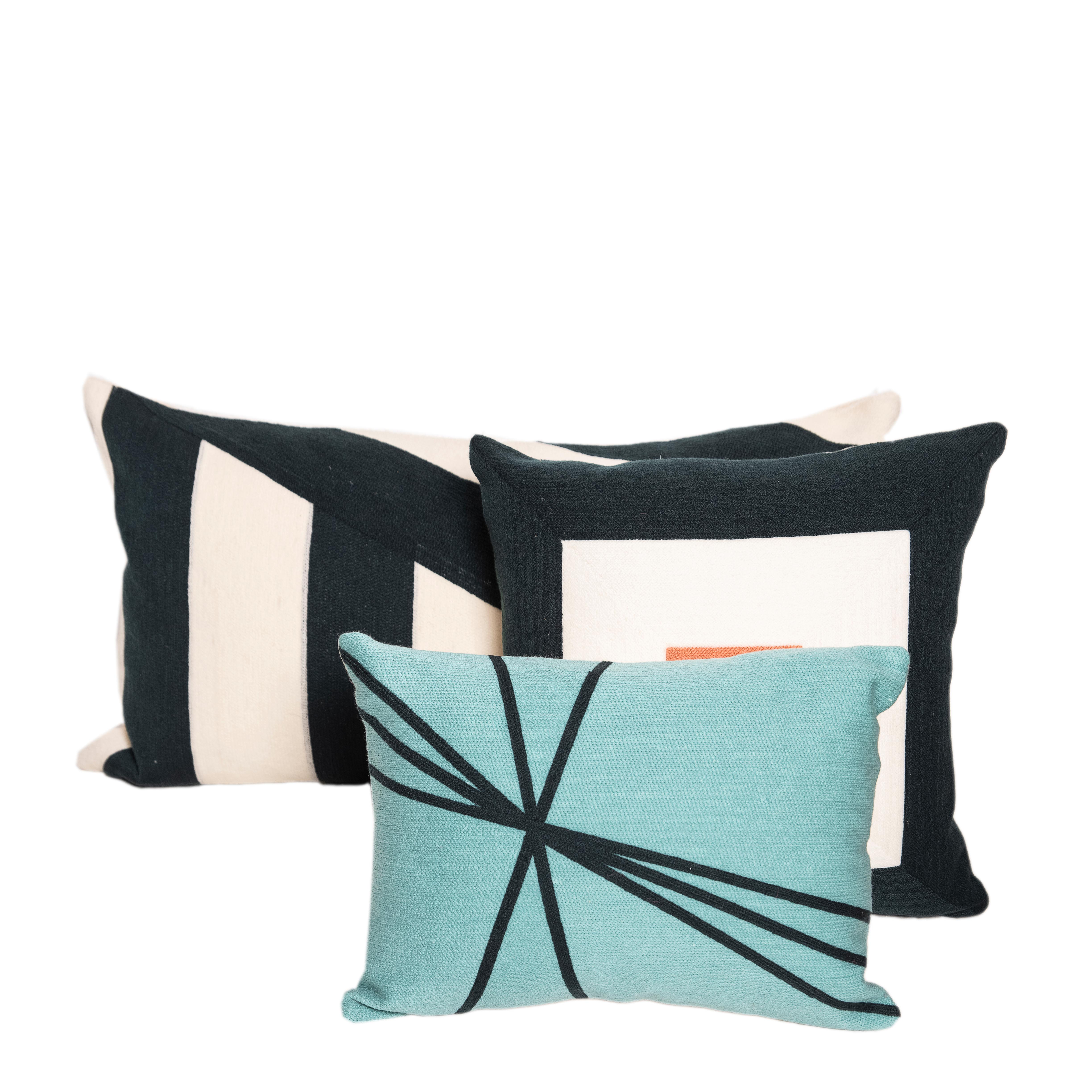 Embroidered Modern Kilombo Home Embroidery Pillow Cushion Cotton Turquoise Navy blue For Sale