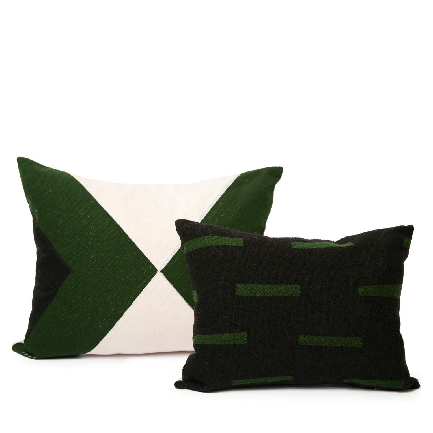 Contemporary Modern Kilombo Home Embroidery Pillow Cushion Cotton Bee Ivory Black& Dark Green For Sale