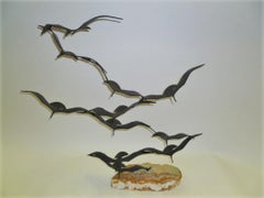Modern Kinetic Sculpture, Bijan of California Flock of Seagulls Metal /Onyx, 70s