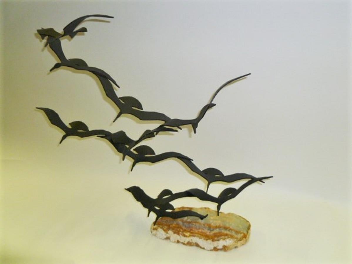 American Modern Kinetic Sculpture, Bijan of California Flock of Seagulls Metal /Onyx, 70s