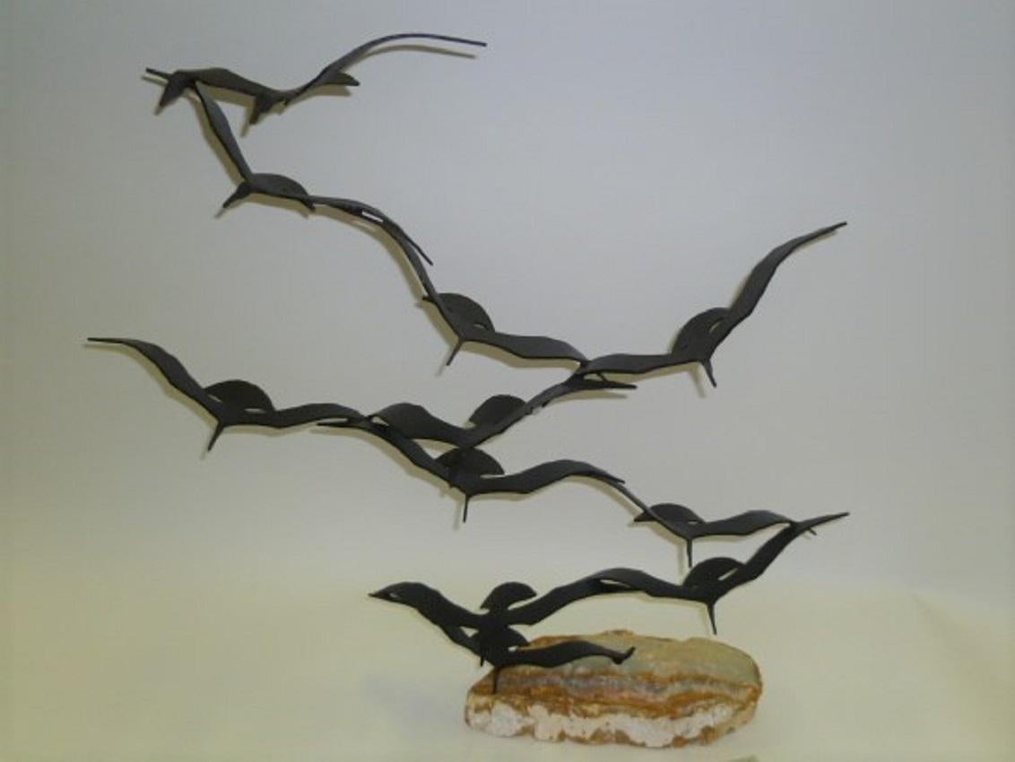 Modern Kinetic Sculpture, Bijan of California Flock of Seagulls Metal /Onyx, 70s In Good Condition In Miami, FL