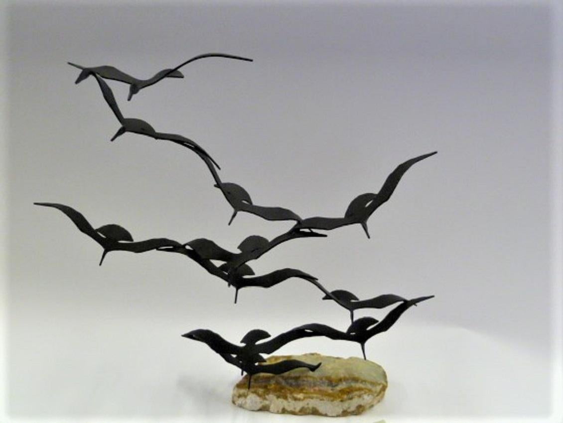 Late 20th Century Modern Kinetic Sculpture, Bijan of California Flock of Seagulls Metal /Onyx, 70s