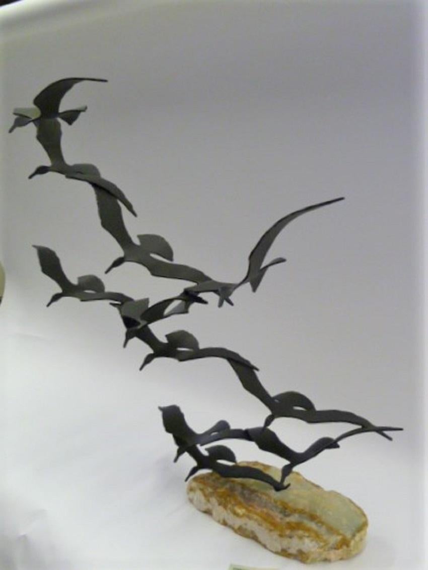 Iron Modern Kinetic Sculpture, Bijan of California Flock of Seagulls Metal /Onyx, 70s