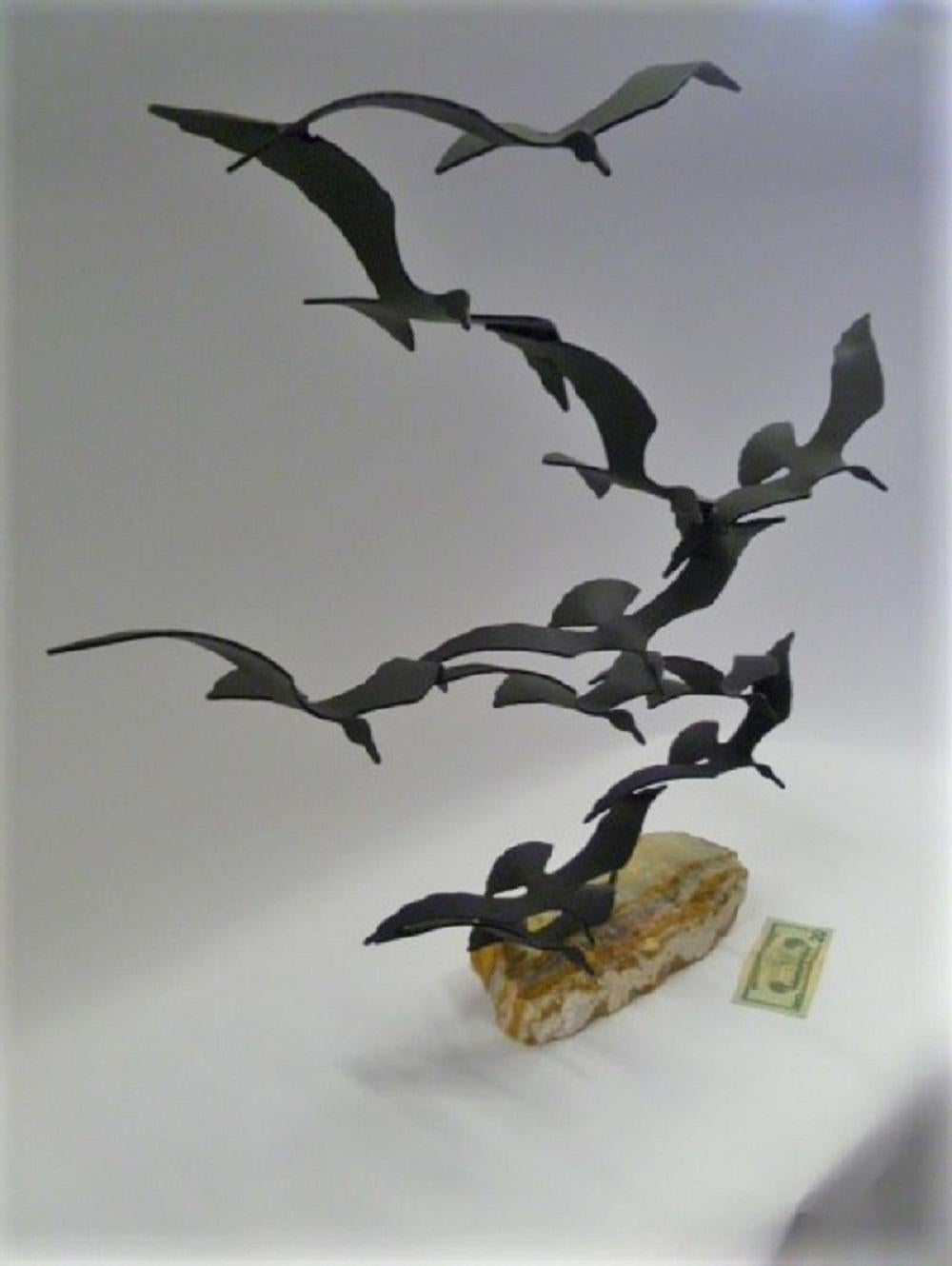 Modern Kinetic Sculpture, Bijan of California Flock of Seagulls Metal /Onyx, 70s 1