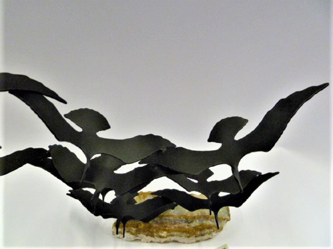 Modern Kinetic Sculpture, Bijan of California Flock of Seagulls Metal /Onyx, 70s 2