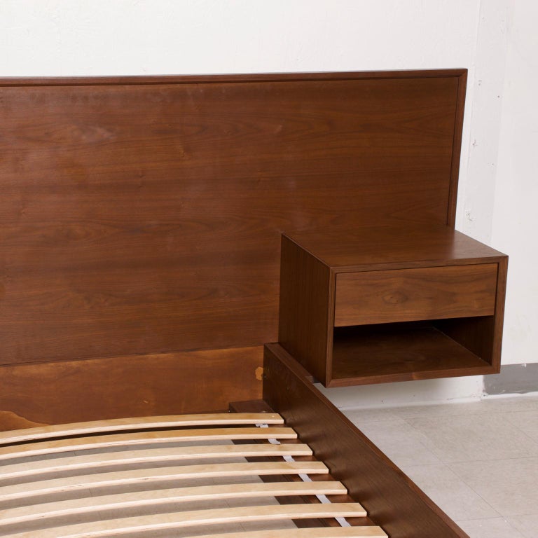 Modern King Size Platform Bed with Floating Nightstands in Walnut at