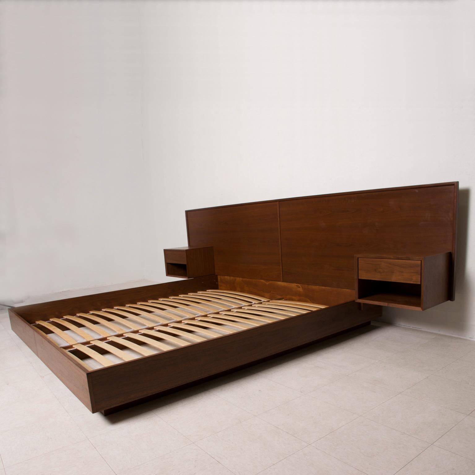 Contemporary Modern King Size Platform Bed with Floating Nightstands in Walnut
