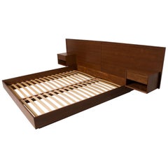 Modern King Size Platform Bed with Floating Nightstands in Walnut