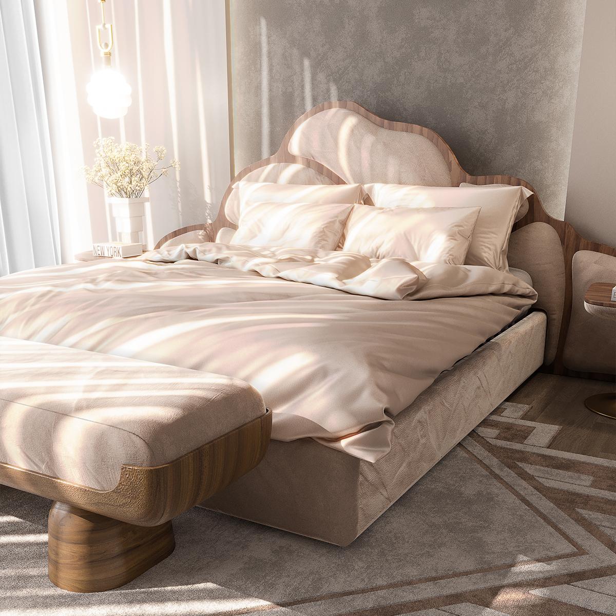 Modernes gepolstertes Kopfteil-Bett in King Size aus rosa Samt & Nussbaumholz mit Blättern (21. Jahrhundert und zeitgenössisch) im Angebot