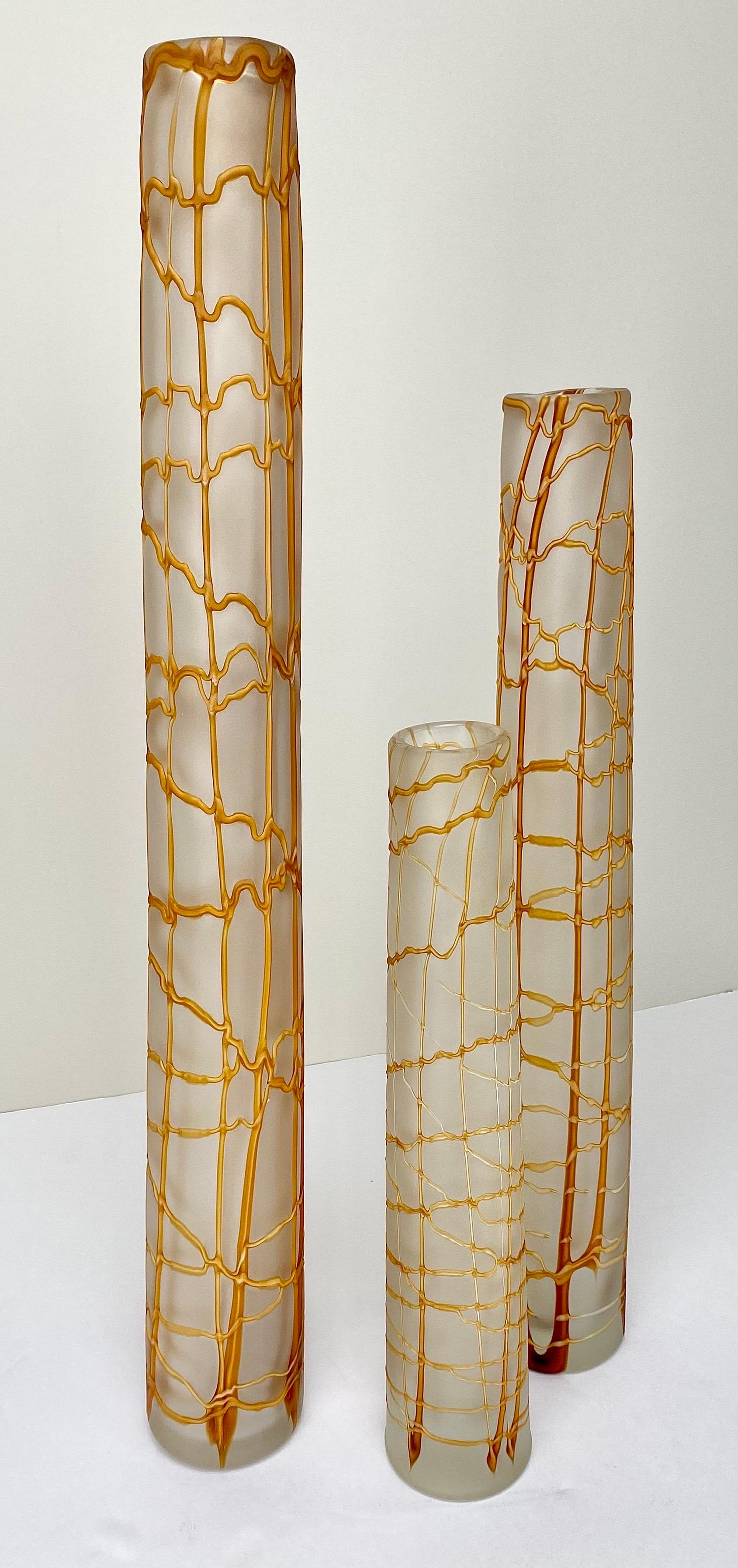 Modern Kintsugi Style Frosted Glass Vase, a Set of 3  In Good Condition For Sale In Plainview, NY