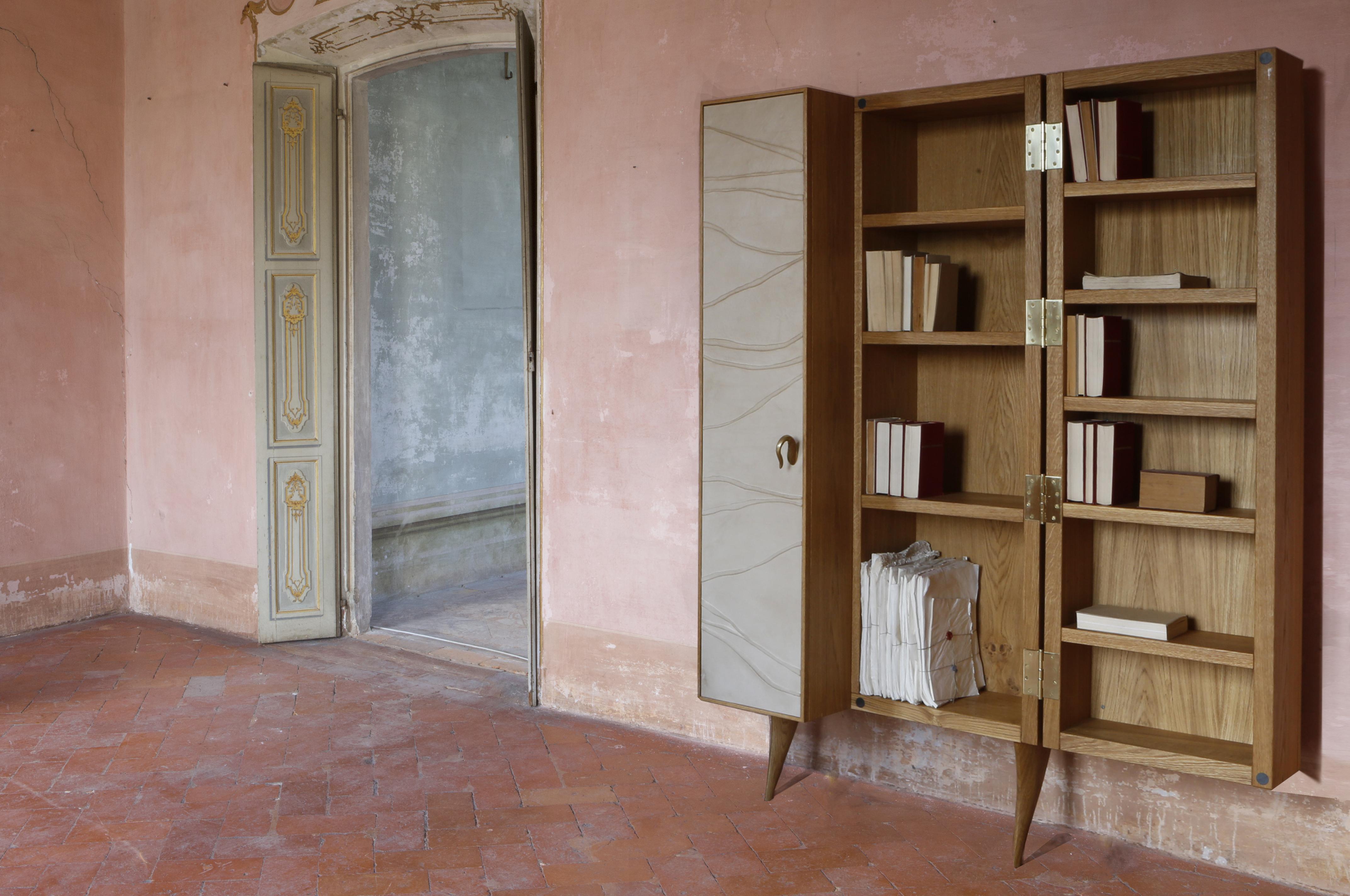 Italian Modern, Kryptos, Bookcase Handcrafted in Full-Grain Leather in Bas-Relief For Sale