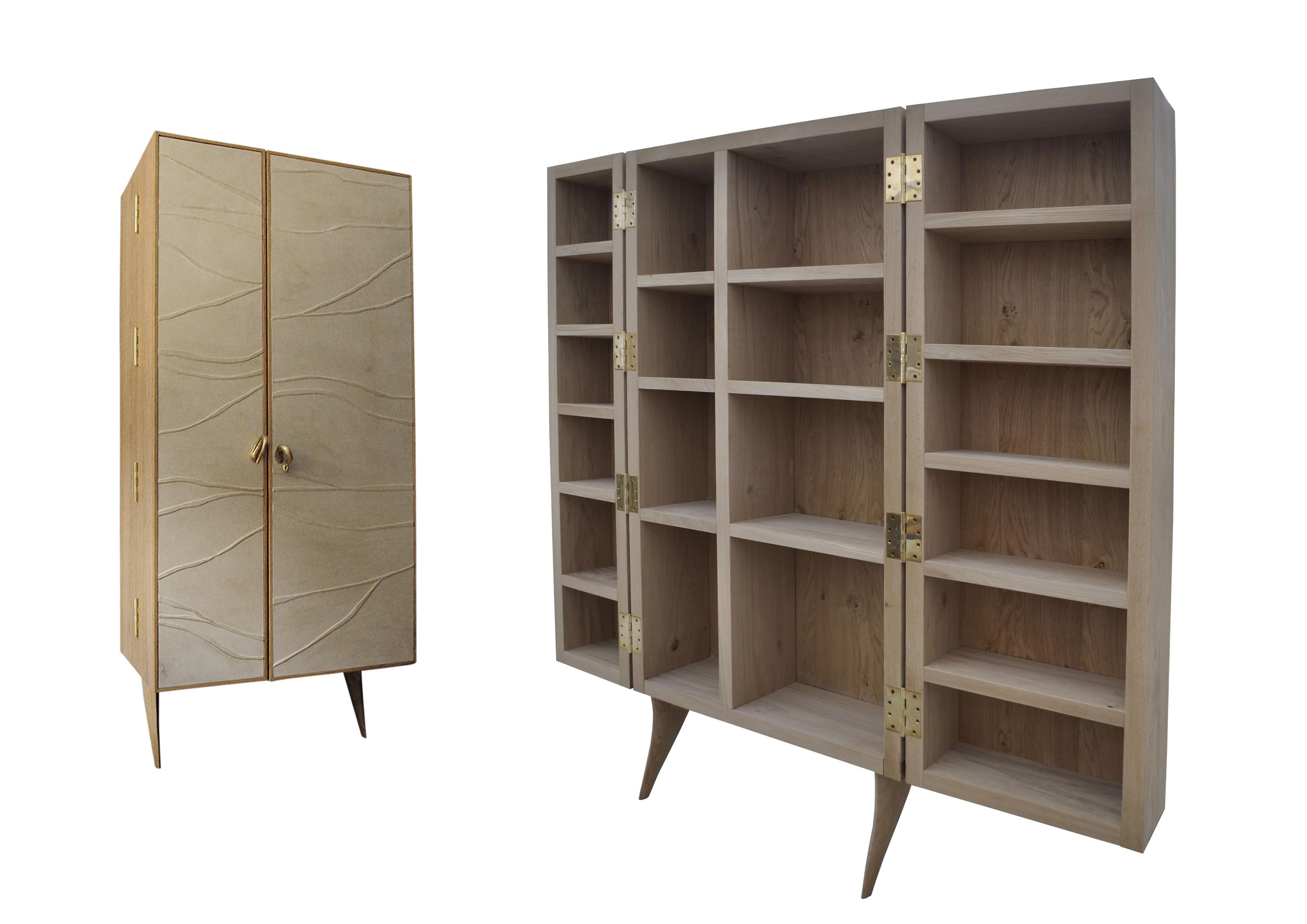 Contemporary Modern, Kryptos, Bookcase Handcrafted in Full-Grain Leather in Bas-Relief For Sale