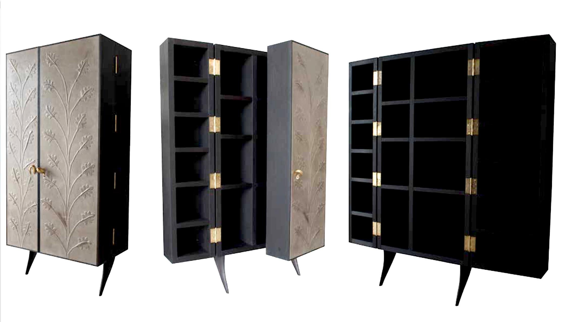 Modern, Kryptos, Bookcase Handcrafted in Full-Grain Leather in Bas-Relief For Sale 1