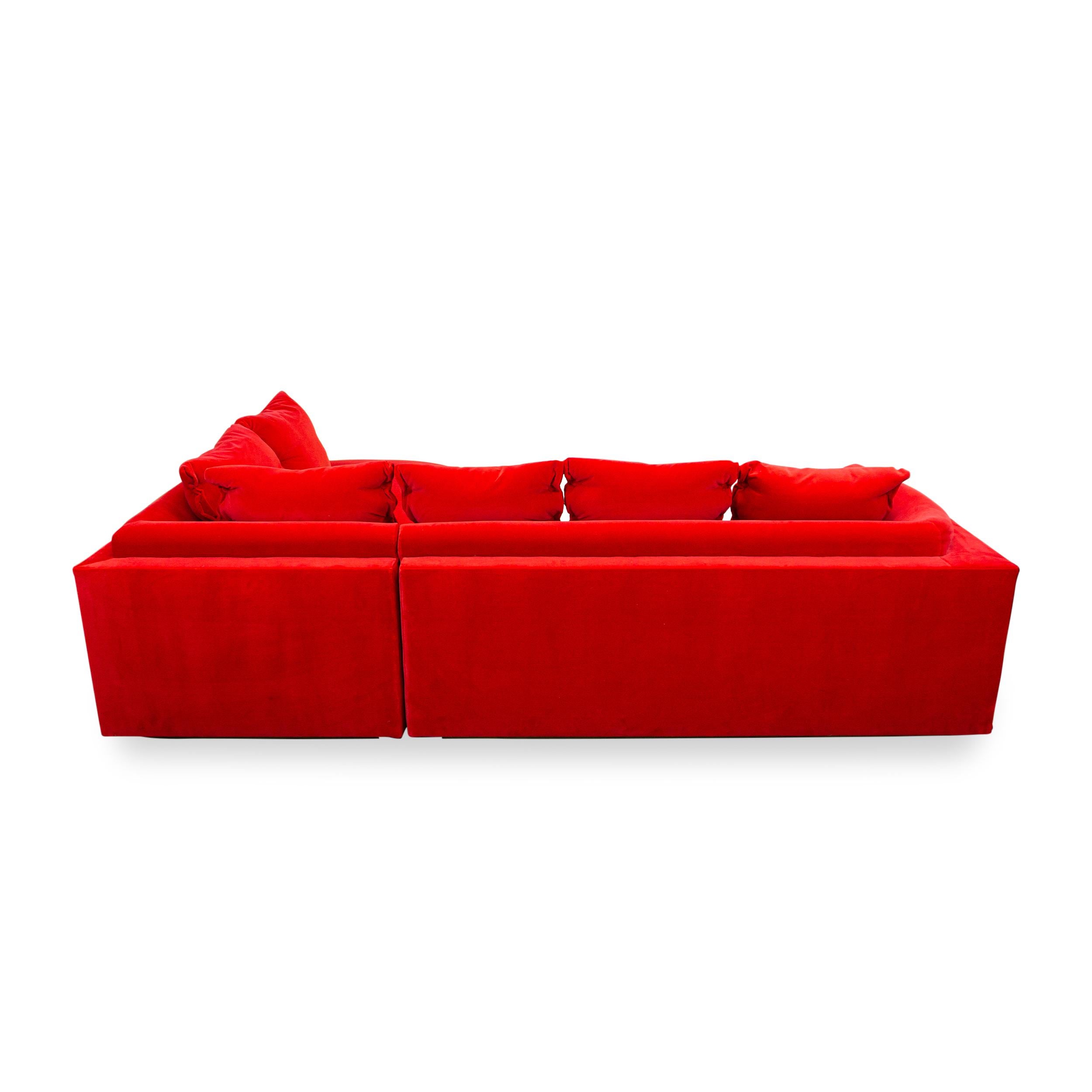 Modern L Sectional with Inside Curve, Button Pillows and Bright Red Velvet For Sale 5
