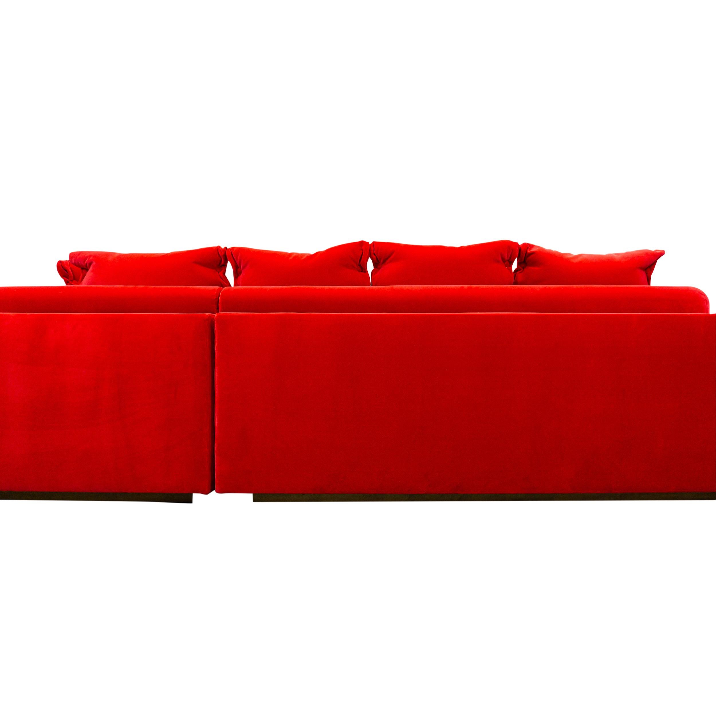 Modern L Sectional with Inside Curve, Button Pillows and Bright Red Velvet For Sale 6
