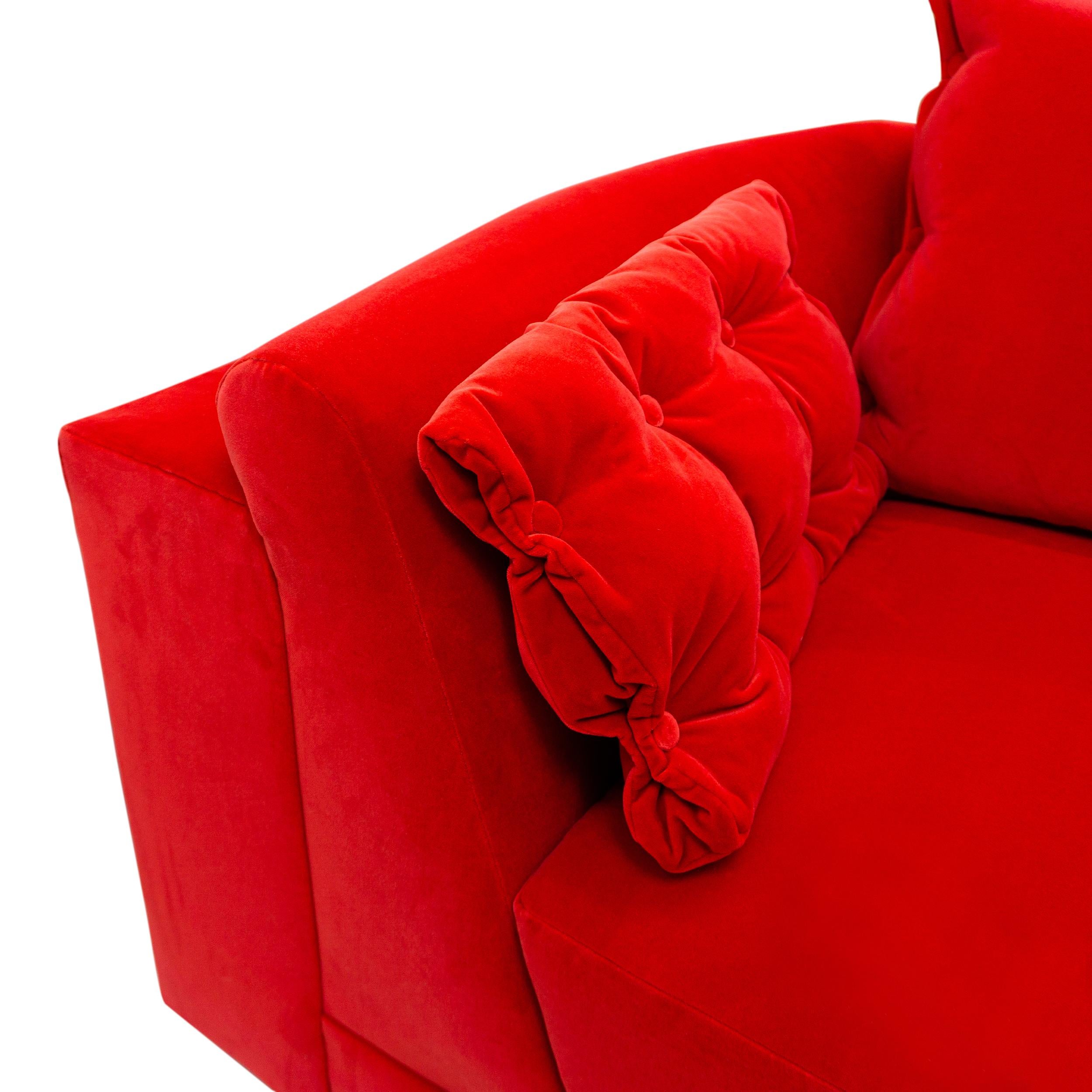 Modern L Sectional with Inside Curve, Button Pillows and Bright Red Velvet For Sale 8