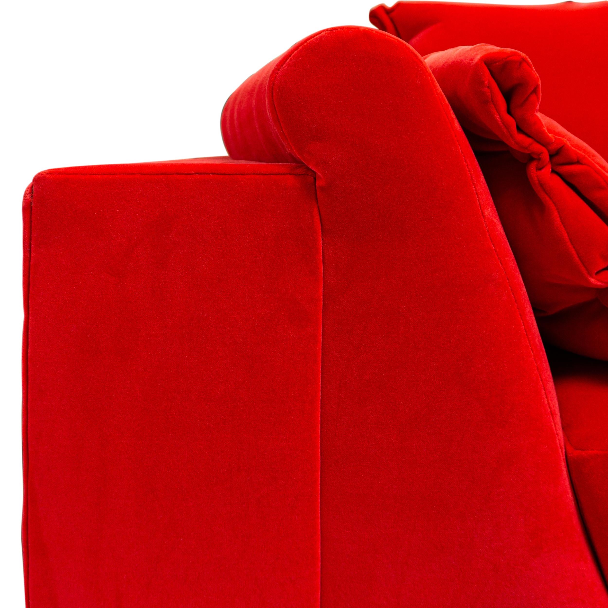 L moderne sectionnel avec courbe intérieure incurvée, coussins à boutons et velours rouge vif en vente 7