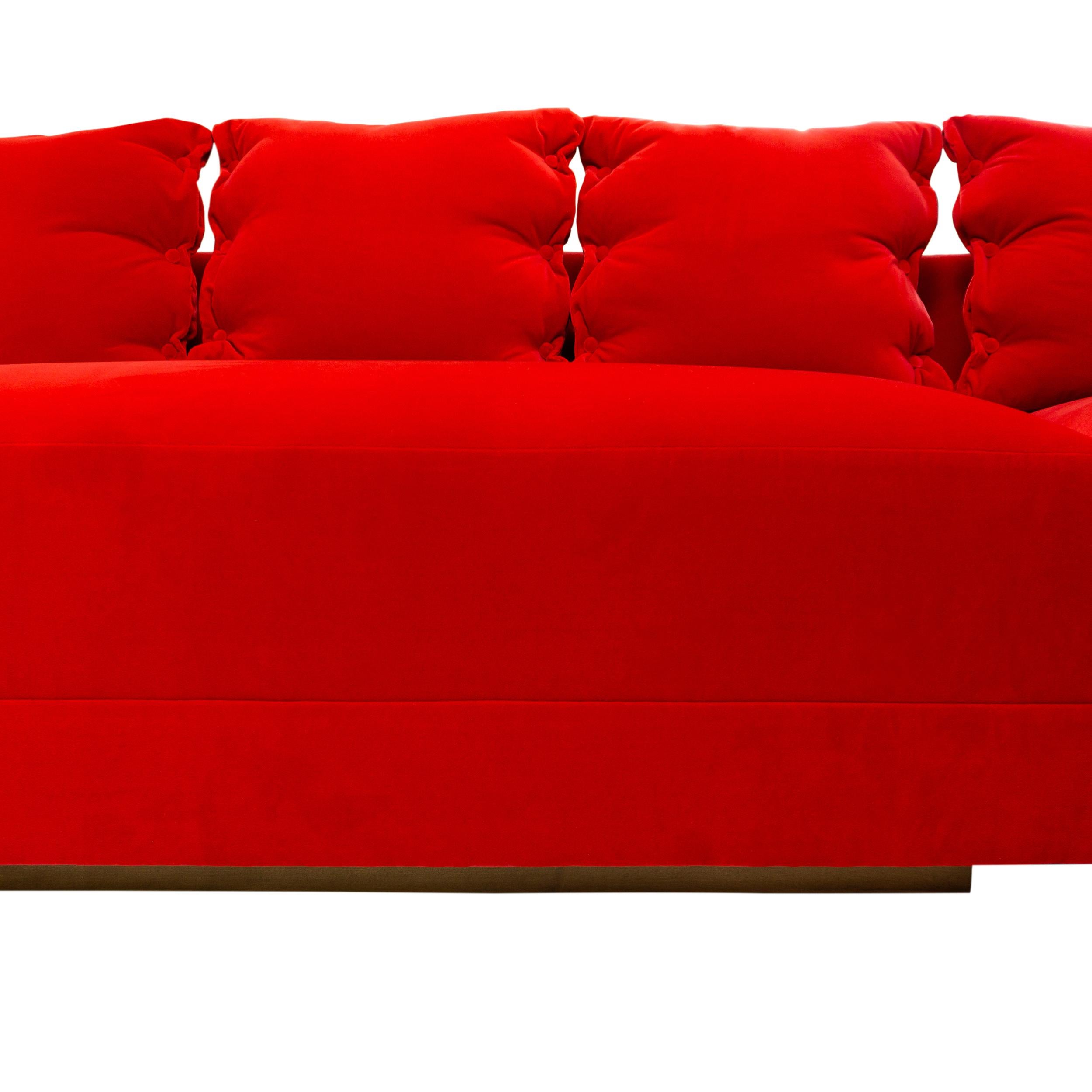 Modern L Sectional with Inside Curve, Button Pillows and Bright Red Velvet For Sale 10