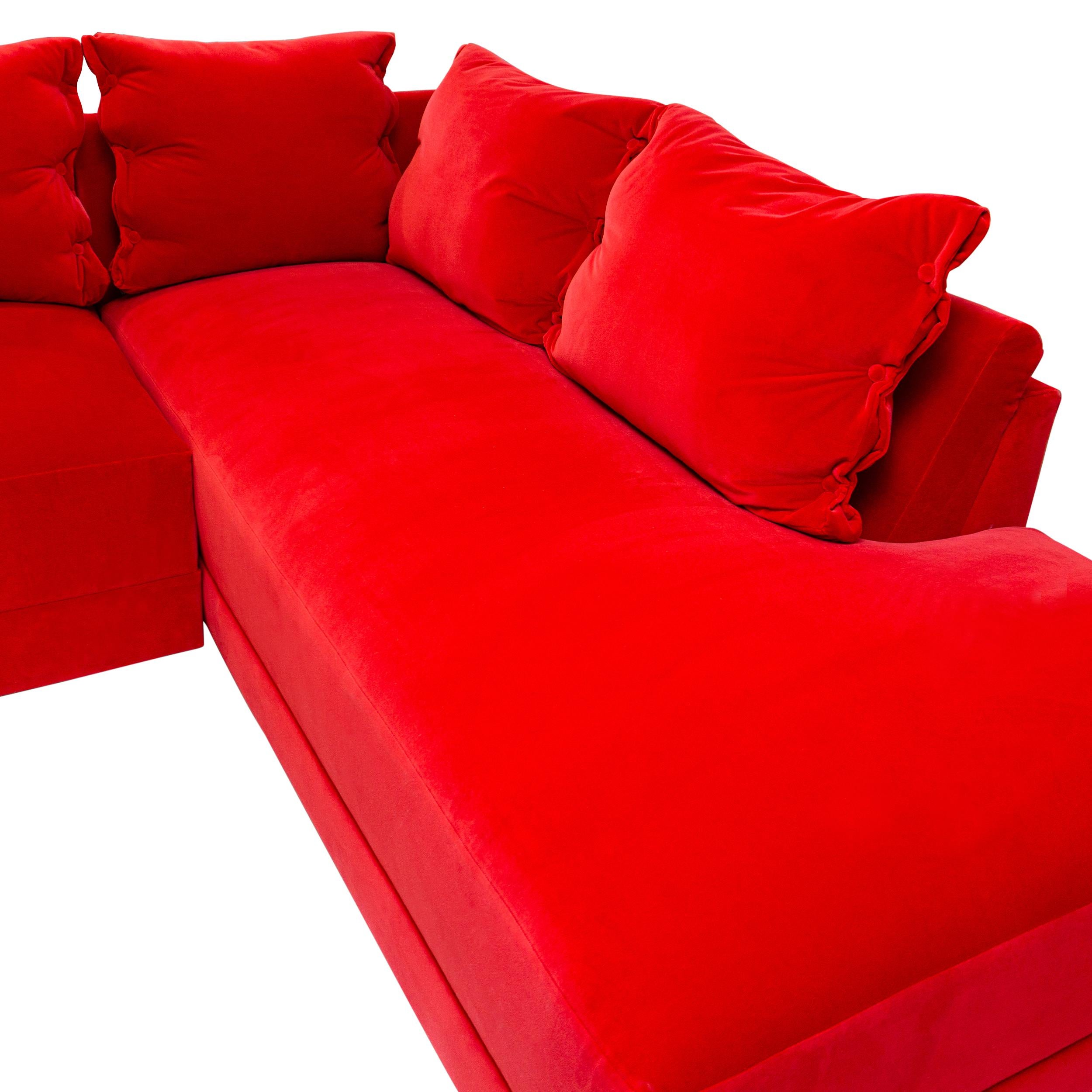 Modern L Sectional with Inside Curve, Button Pillows and Bright Red Velvet For Sale 12