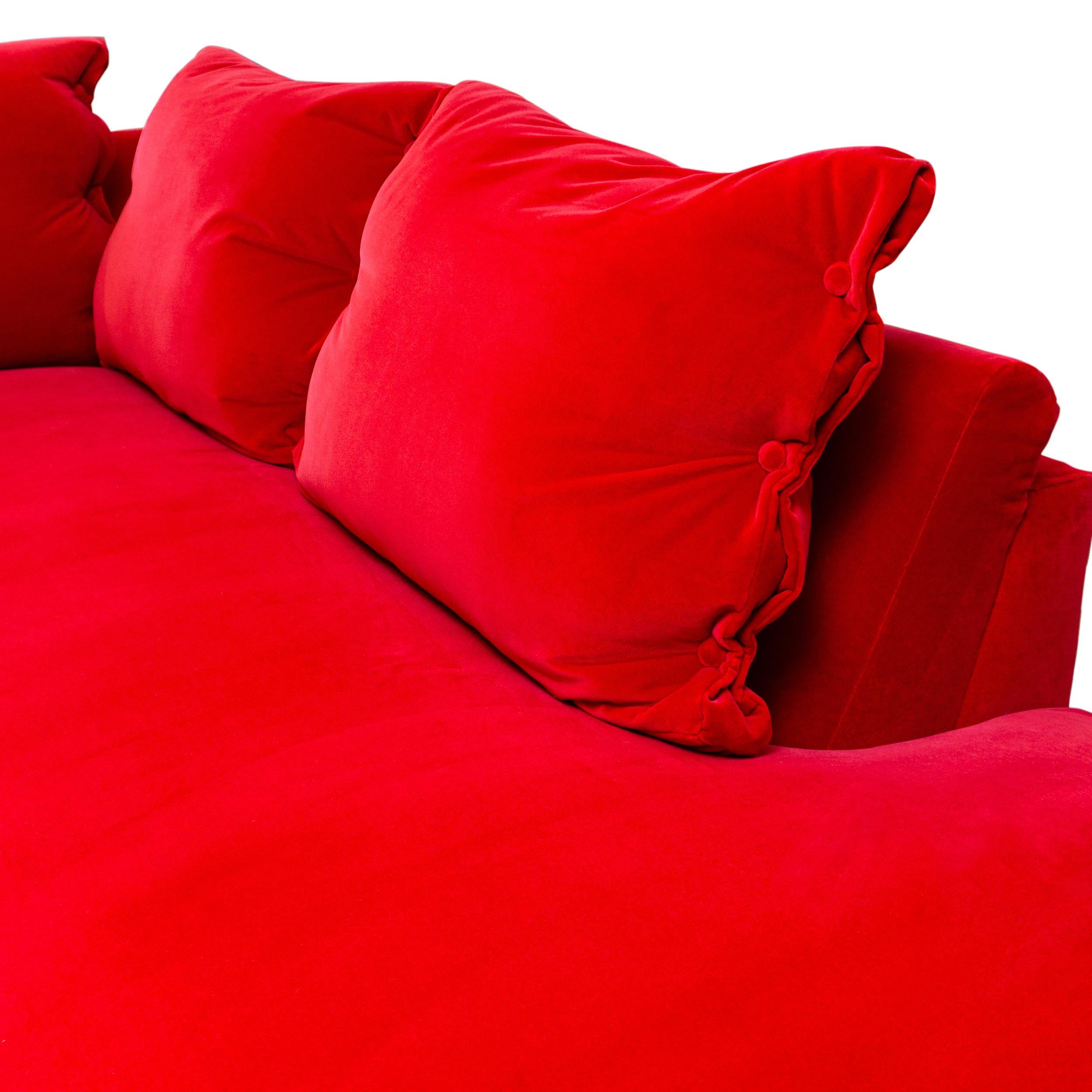 Modern L Sectional with Inside Curve, Button Pillows and Bright Red Velvet For Sale 13
