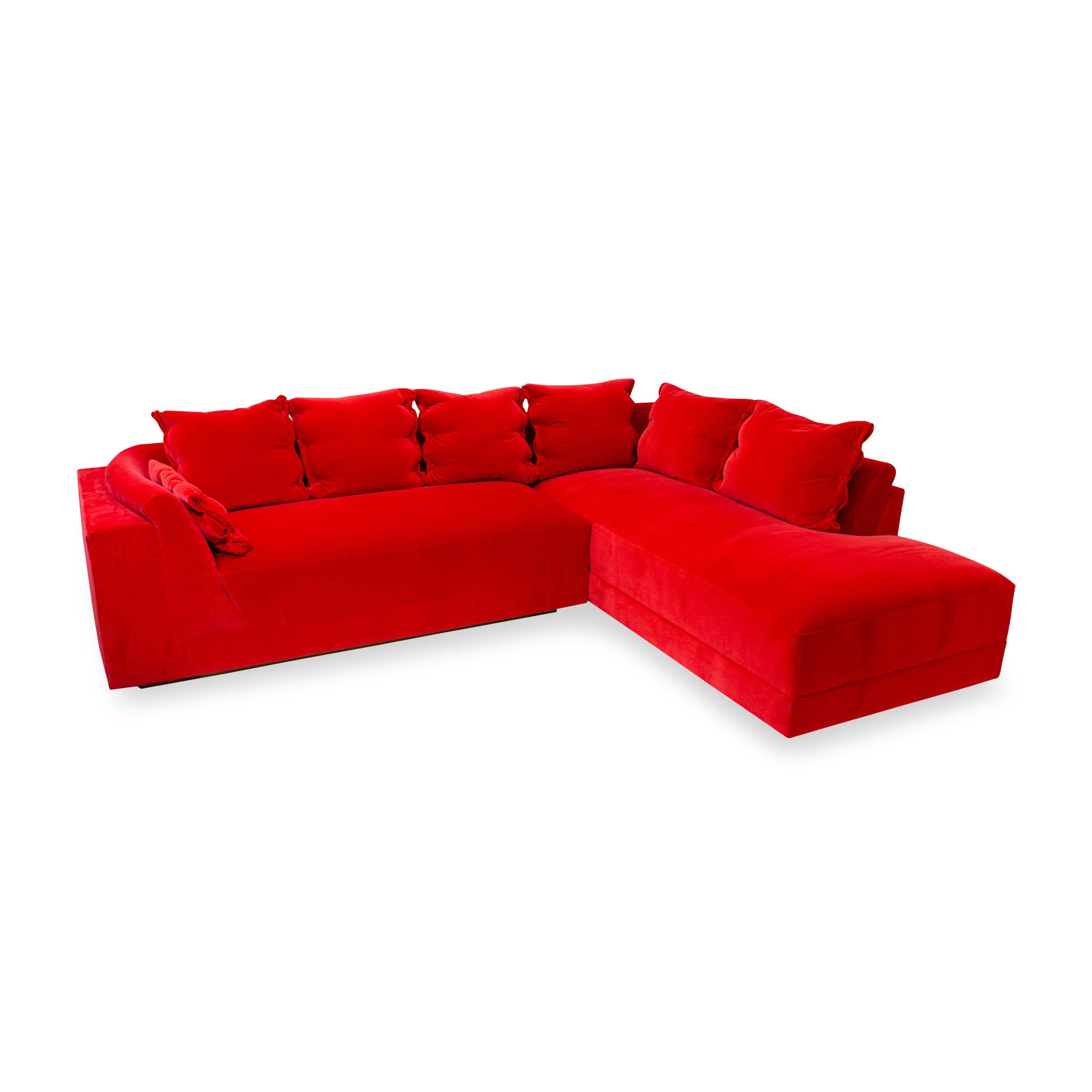 Modern L sectional with inside curve and button pillows. Recessed platform base. Tight seat and rounded inside back rail (with curve) that's soft enough for sitting but coming also with button pillows (buttons are not closures, they are sewn tight